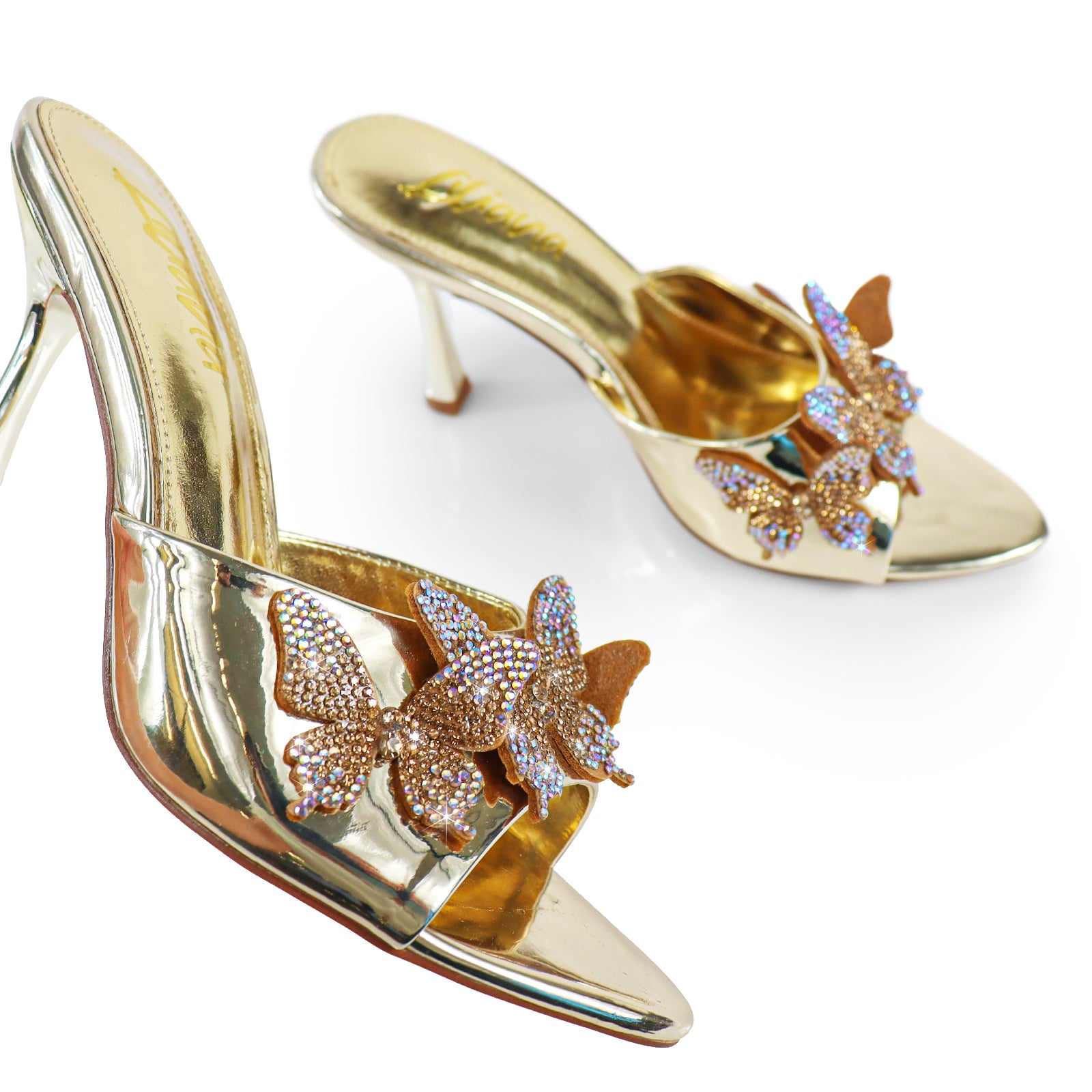 KIMANI-1 POINTED TOE 3D BUTTERFLY PATENT HEELED GOLD