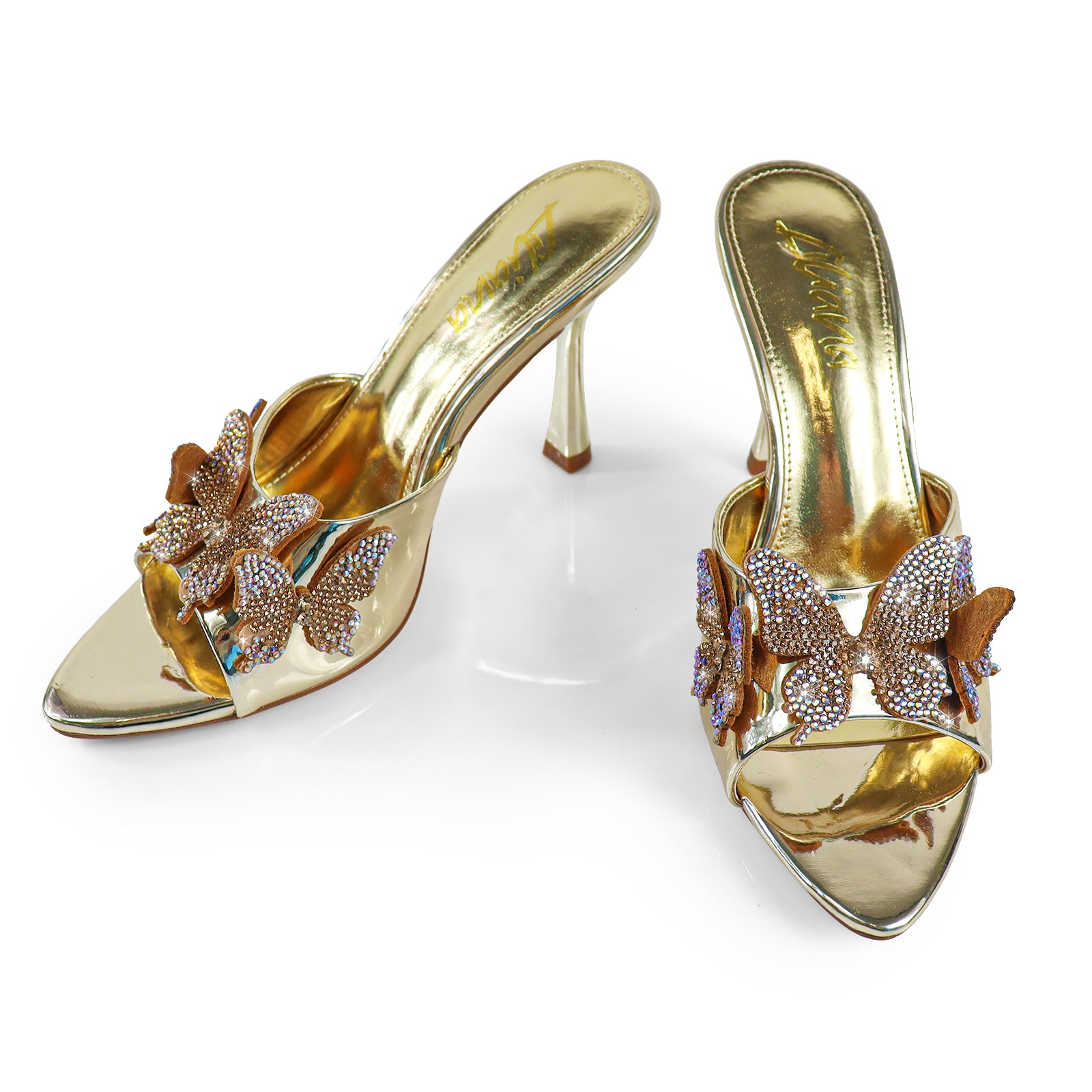 KIMANI-1 POINTED TOE 3D BUTTERFLY PATENT HEELED GOLD