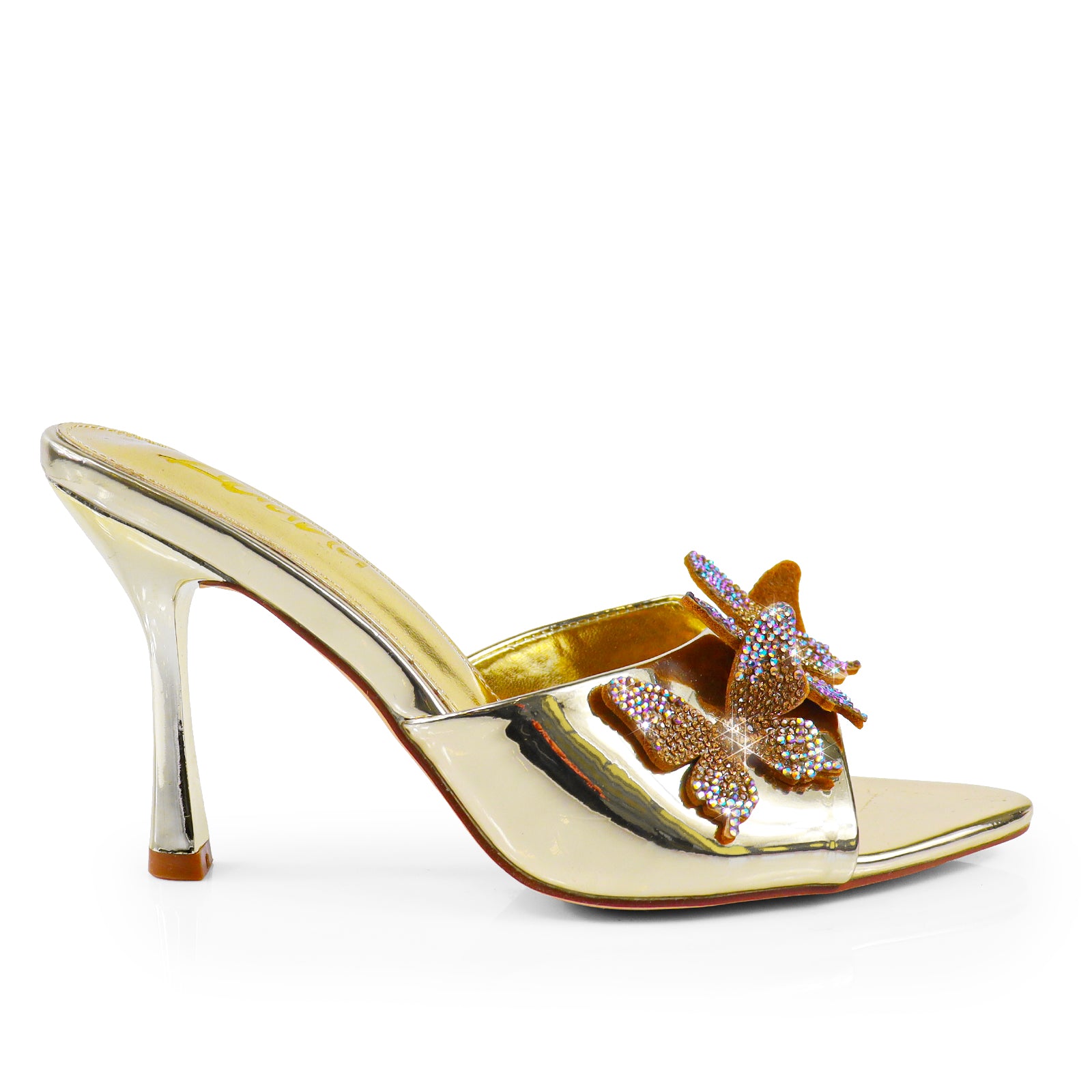 KIMANI-1 POINTED TOE 3D BUTTERFLY PATENT HEELED GOLD