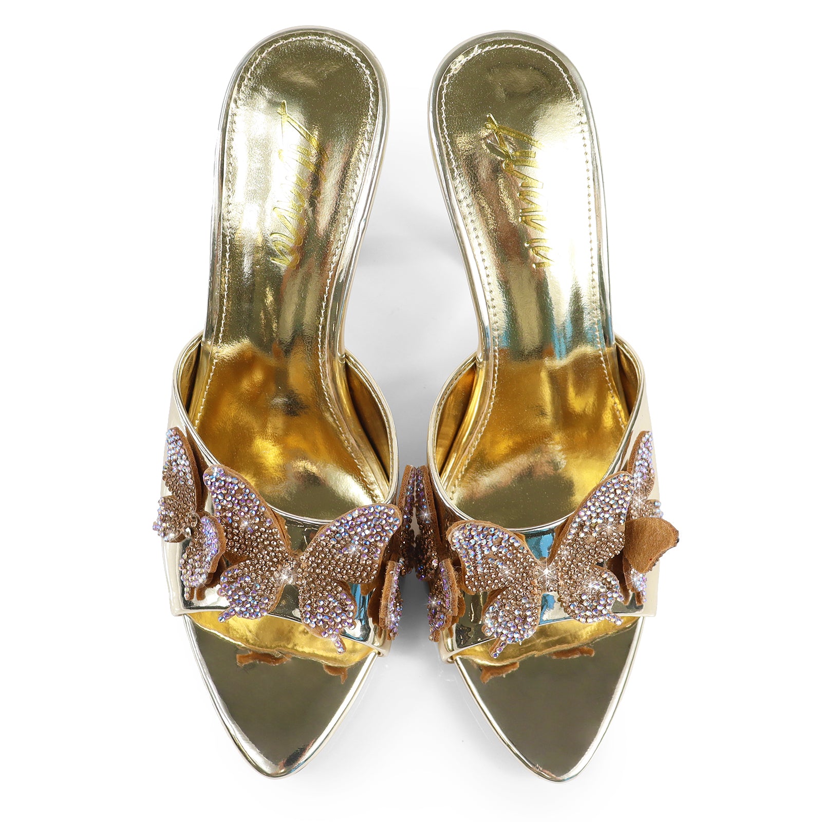 KIMANI-1 POINTED TOE 3D BUTTERFLY PATENT HEELED GOLD