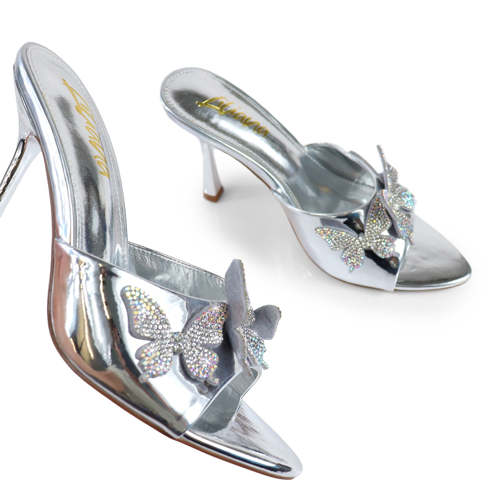KIMANI-1 POINTED TOE 3D BUTTERFLY PATENT HEELED SILVER