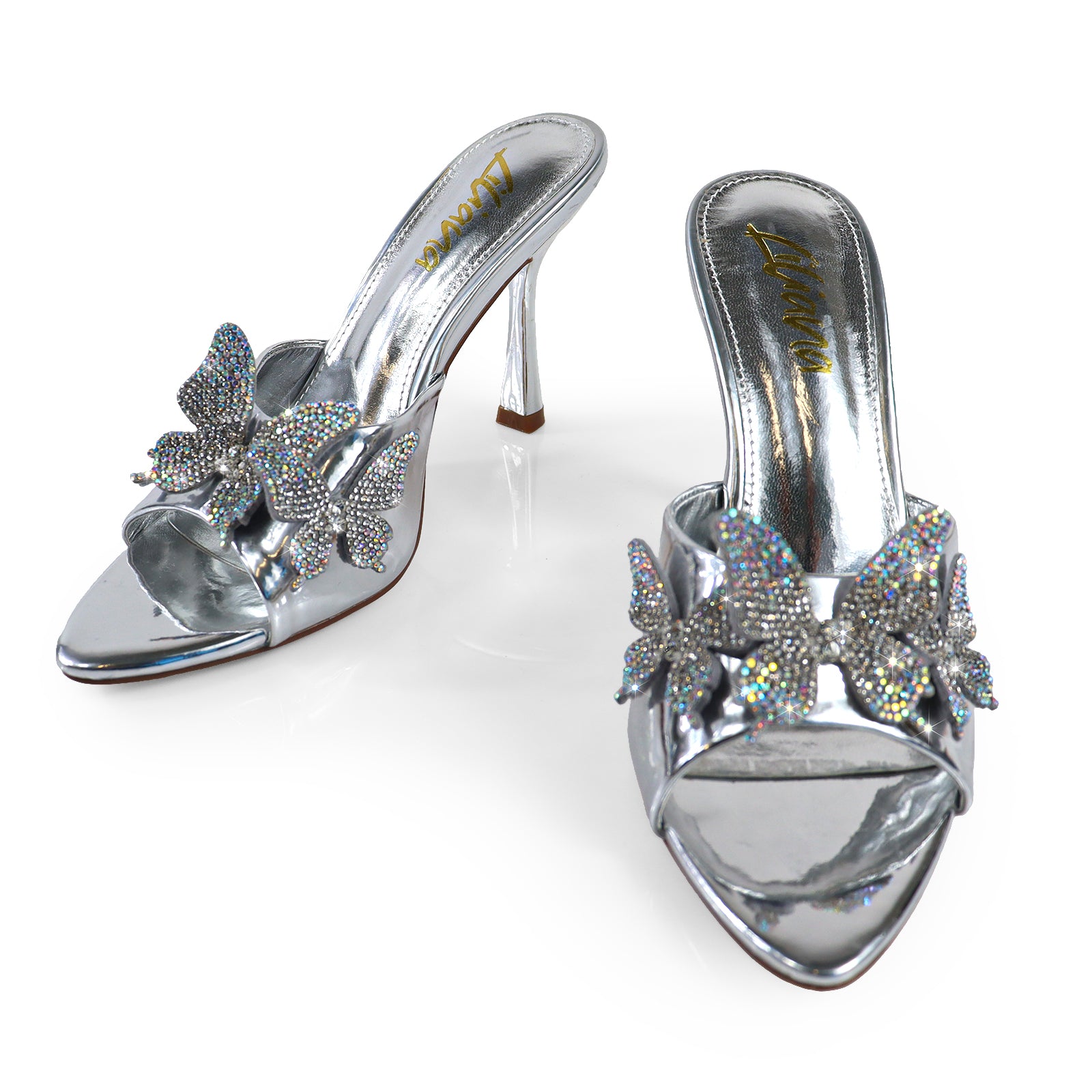 KIMANI-1 POINTED TOE 3D BUTTERFLY PATENT HEELED SILVER