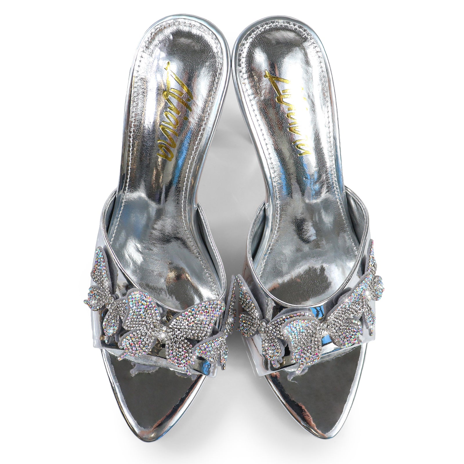 KIMANI-1 POINTED TOE 3D BUTTERFLY PATENT HEELED SILVER