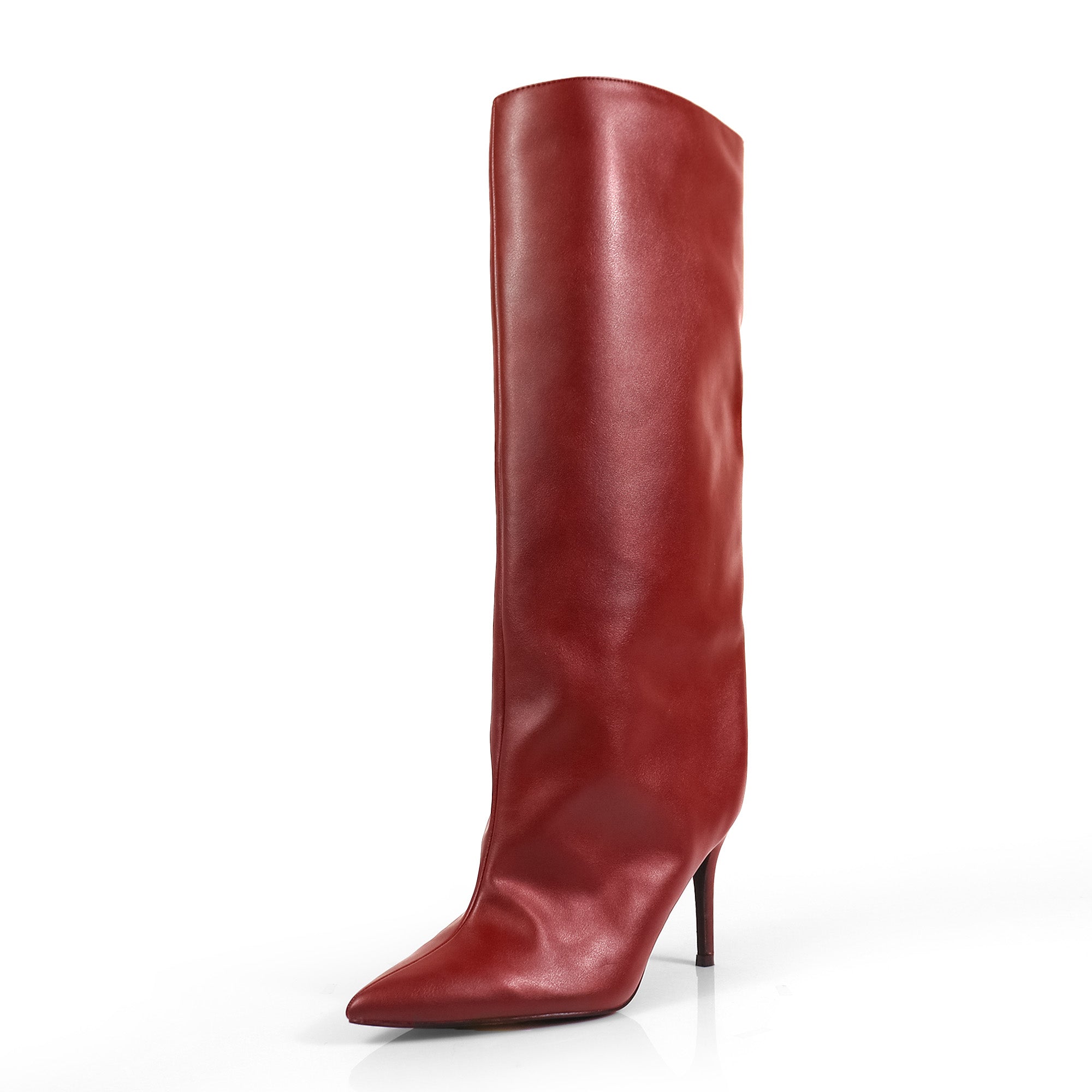 KRYSIA-1 POINTY TOE SCULPT KNEE HIGH BOOTS W/ STILETTO BURGUNDY