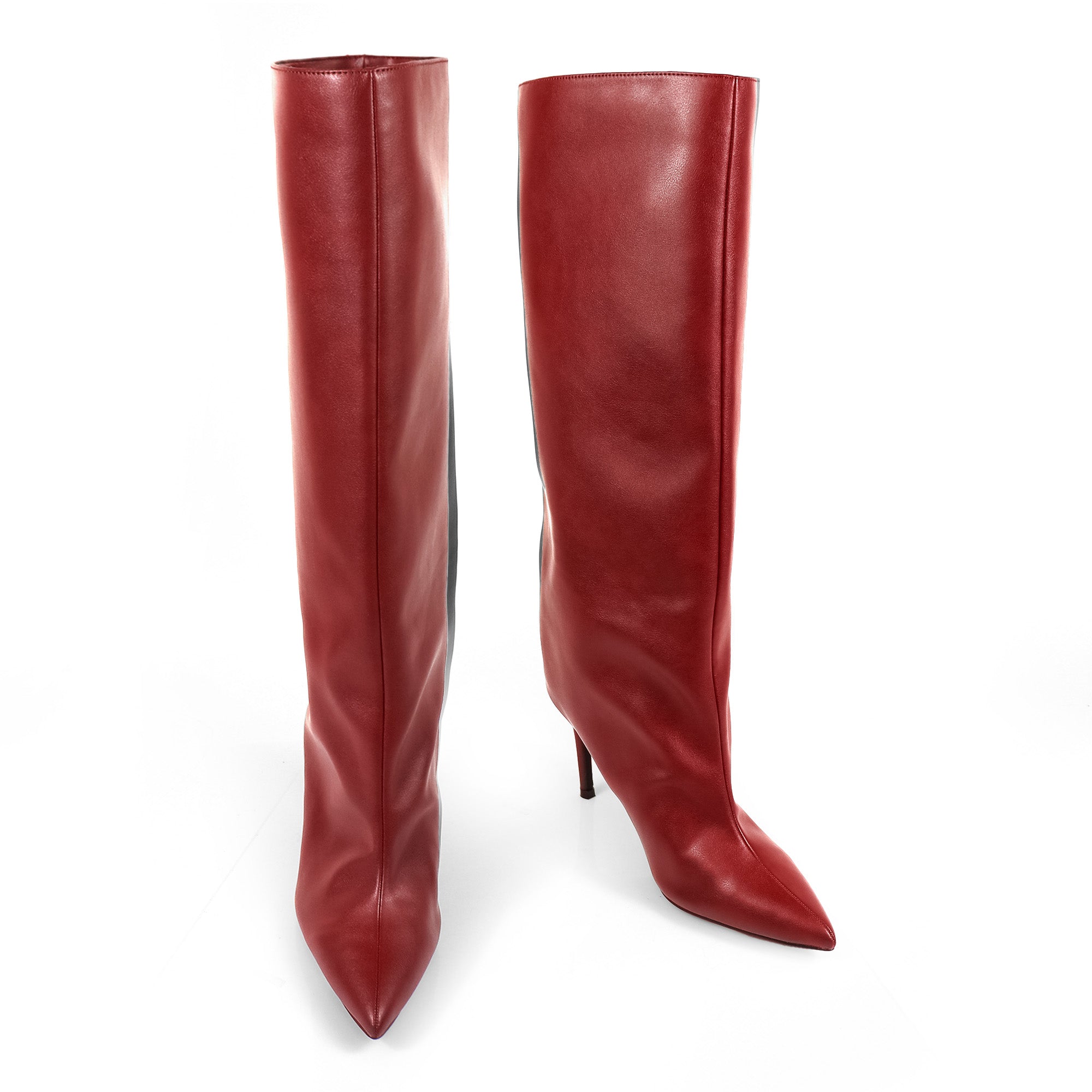KRYSIA-1 POINTY TOE SCULPT KNEE HIGH BOOTS W/ STILETTO BURGUNDY