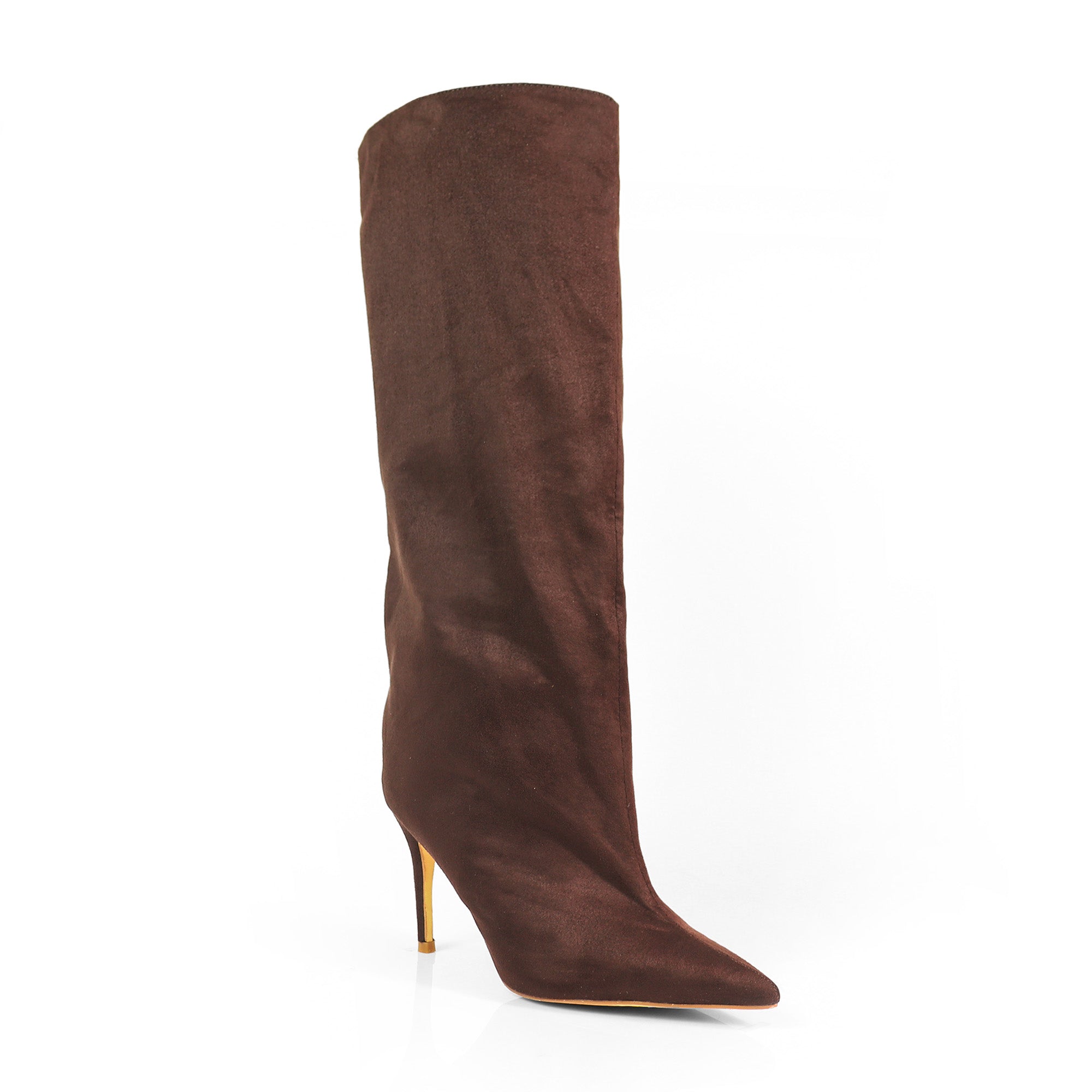 KRYSIA-1 POINTY TOE SCULPT KNEE HIGH BOOTS W/ STILETTO CHOCOLATE