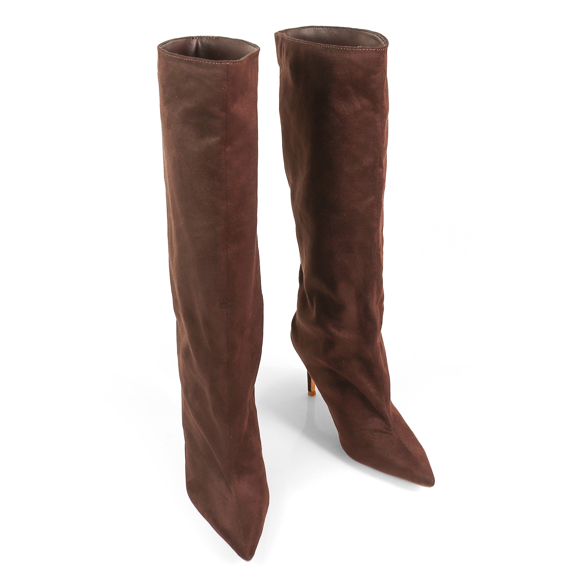 KRYSIA-1 POINTY TOE SCULPT KNEE HIGH BOOTS W/ STILETTO CHOCOLATE