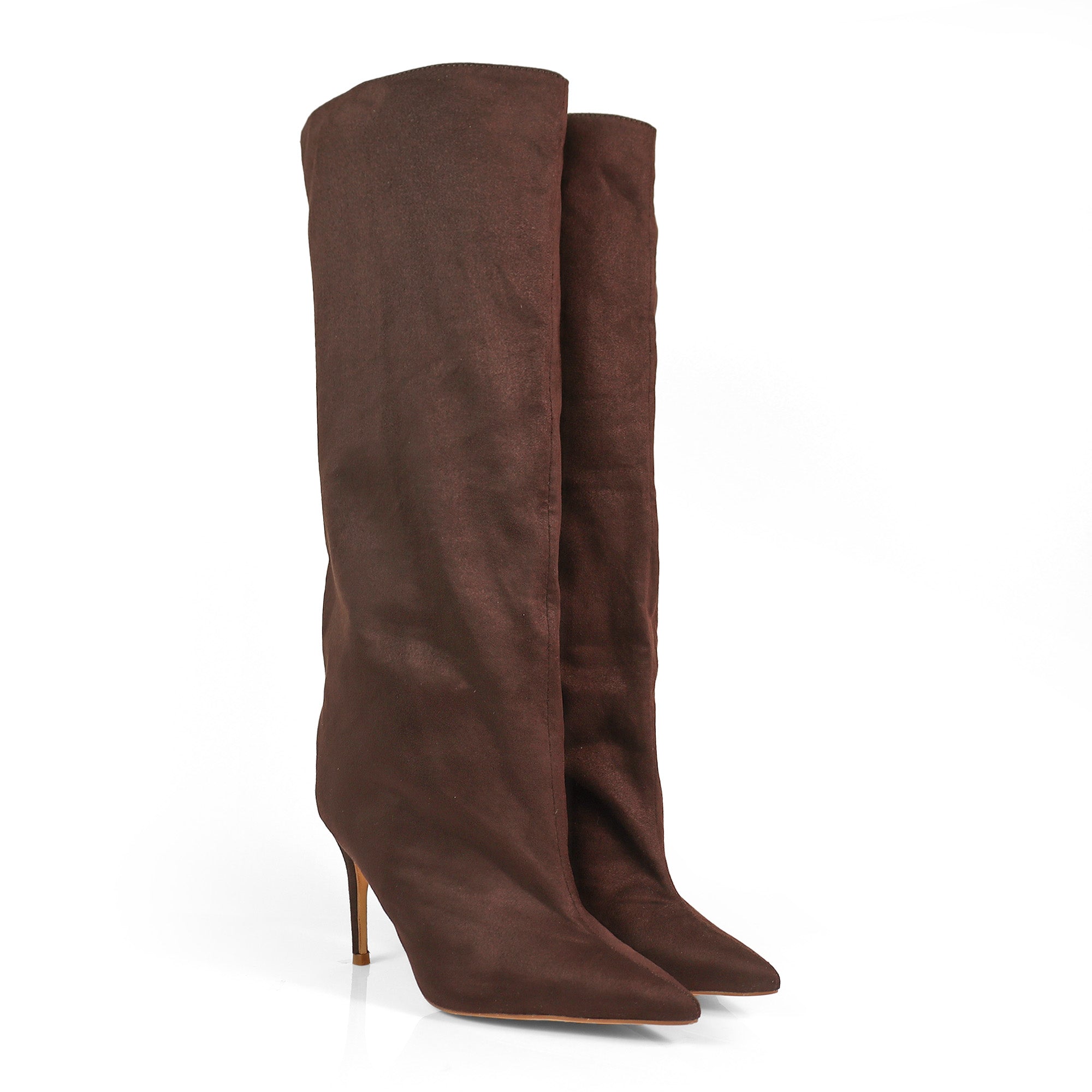 KRYSIA-1 POINTY TOE SCULPT KNEE HIGH BOOTS W/ STILETTO CHOCOLATE