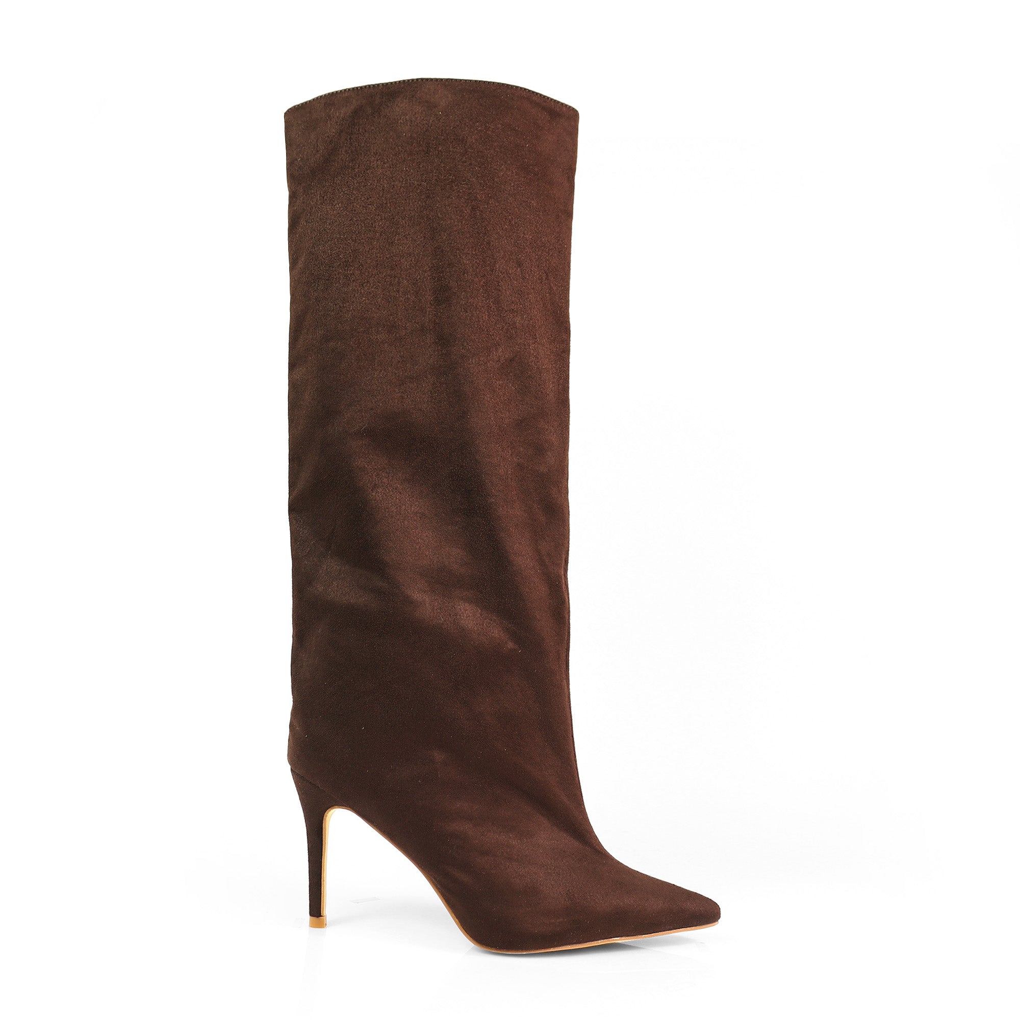 KRYSIA-1 POINTY TOE SCULPT KNEE HIGH BOOTS W/ STILETTO CHOCOLATE