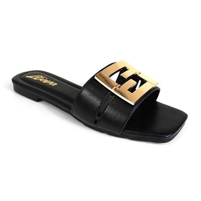 KYRA-3 BUCKLED SLIDE ON SANDALS BLACK