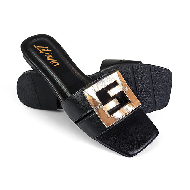KYRA-3 BUCKLED SLIDE ON SANDALS BLACK