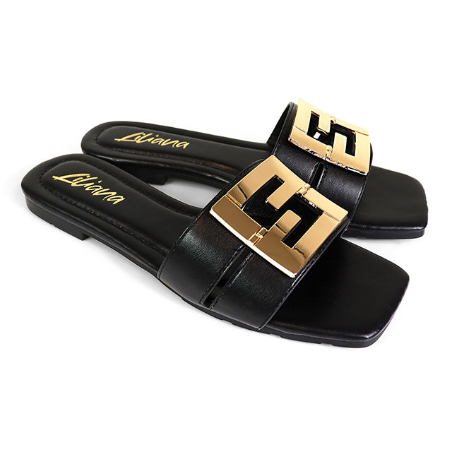 KYRA-3 BUCKLED SLIDE ON SANDALS BLACK
