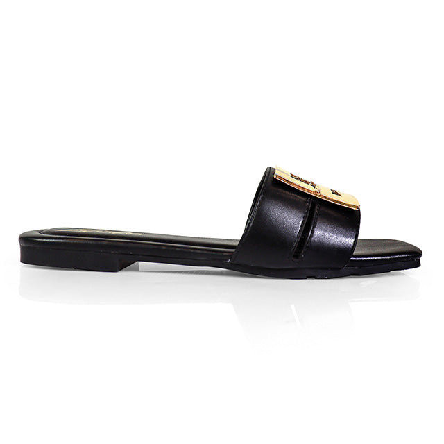 KYRA-3 BUCKLED SLIDE ON SANDALS BLACK