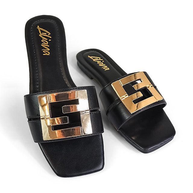 KYRA-3 BUCKLED SLIDE ON SANDALS BLACK