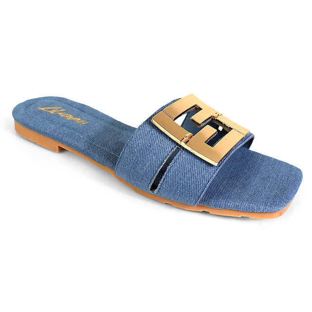 KYRA-3 BUCKLED SLIDE ON SANDALS DENIM