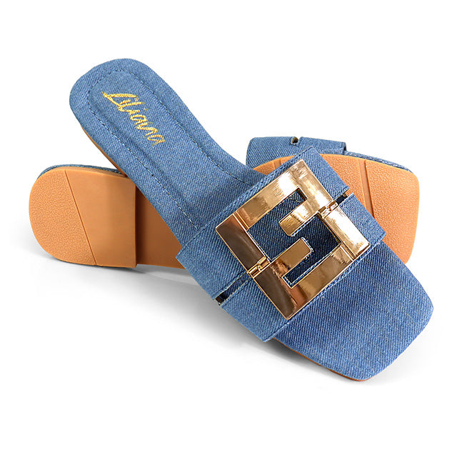 KYRA-3 BUCKLED SLIDE ON SANDALS DENIM