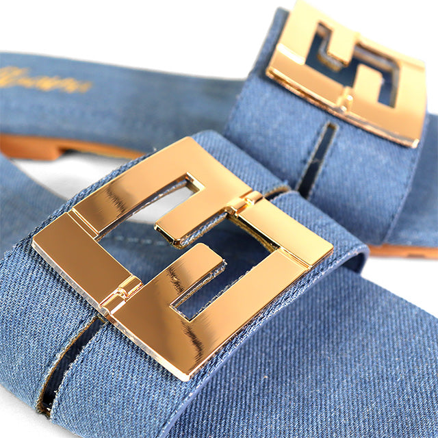 KYRA-3 BUCKLED SLIDE ON SANDALS DENIM