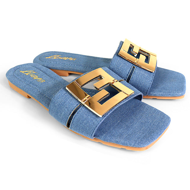 KYRA-3 BUCKLED SLIDE ON SANDALS DENIM