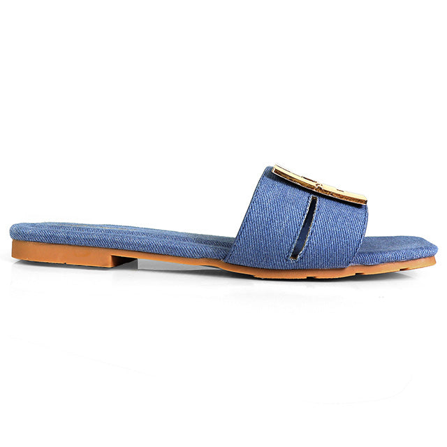 KYRA-3 BUCKLED SLIDE ON SANDALS DENIM