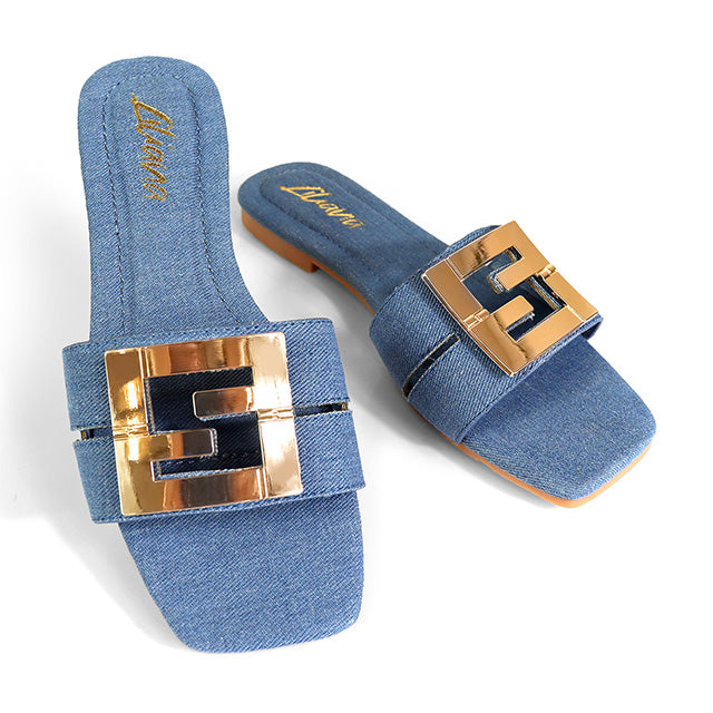 KYRA-3 BUCKLED SLIDE ON SANDALS DENIM