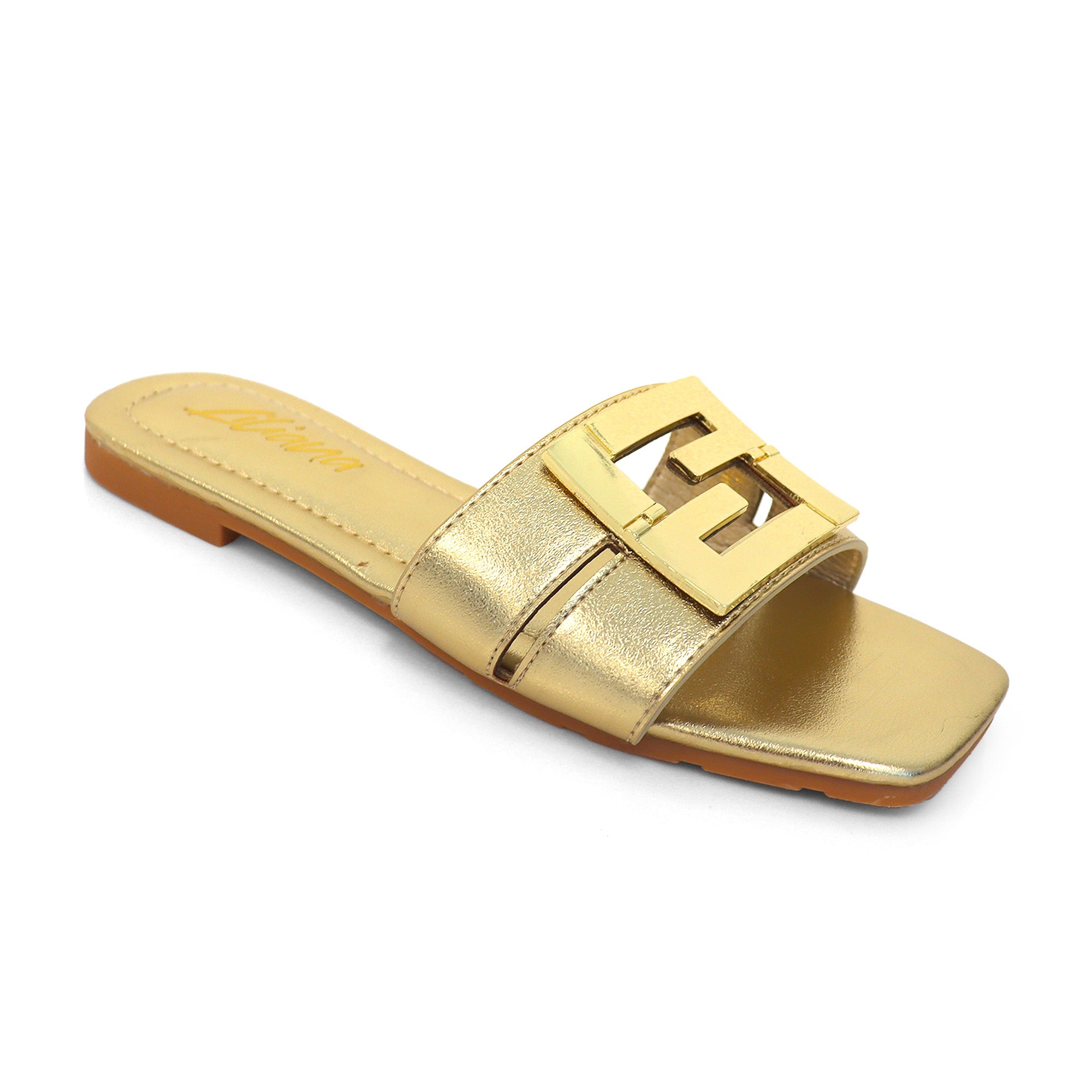 KYRA-3 BUCKLED SLIDE ON SANDALS GOLD