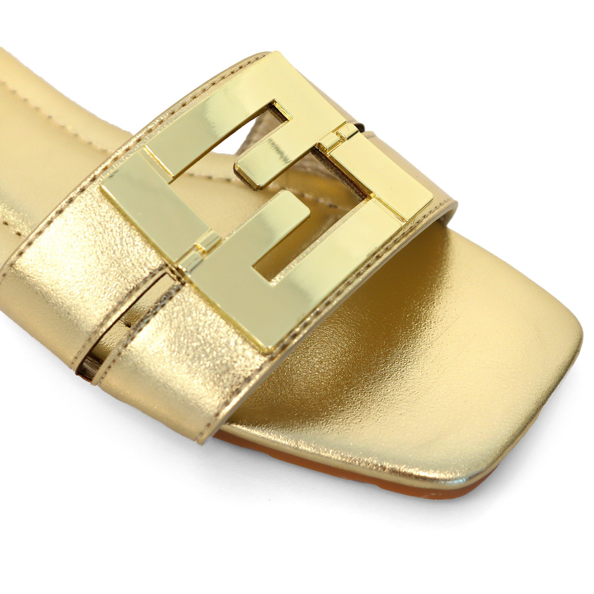 KYRA-3 BUCKLED SLIDE ON SANDALS GOLD