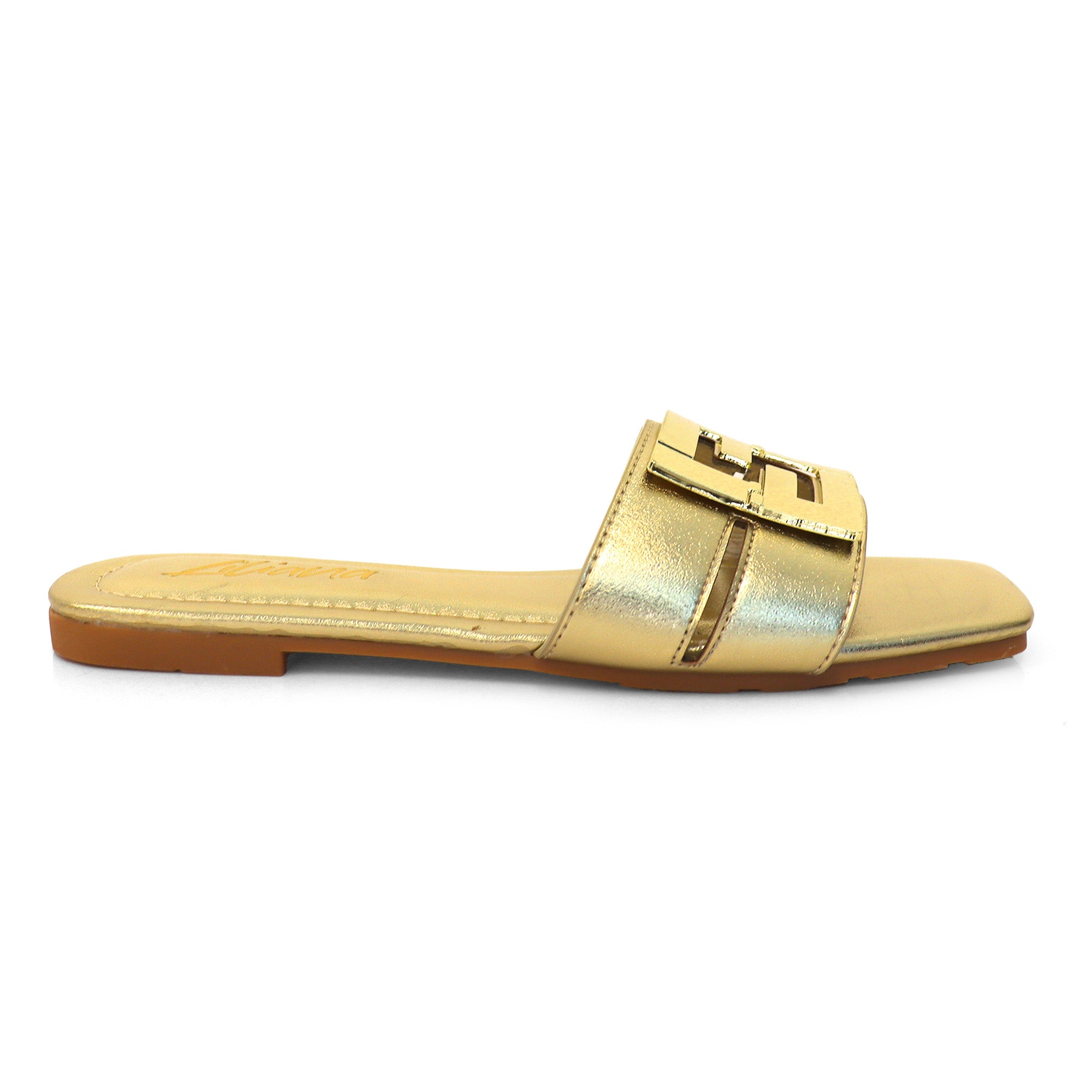 KYRA-3 BUCKLED SLIDE ON SANDALS GOLD