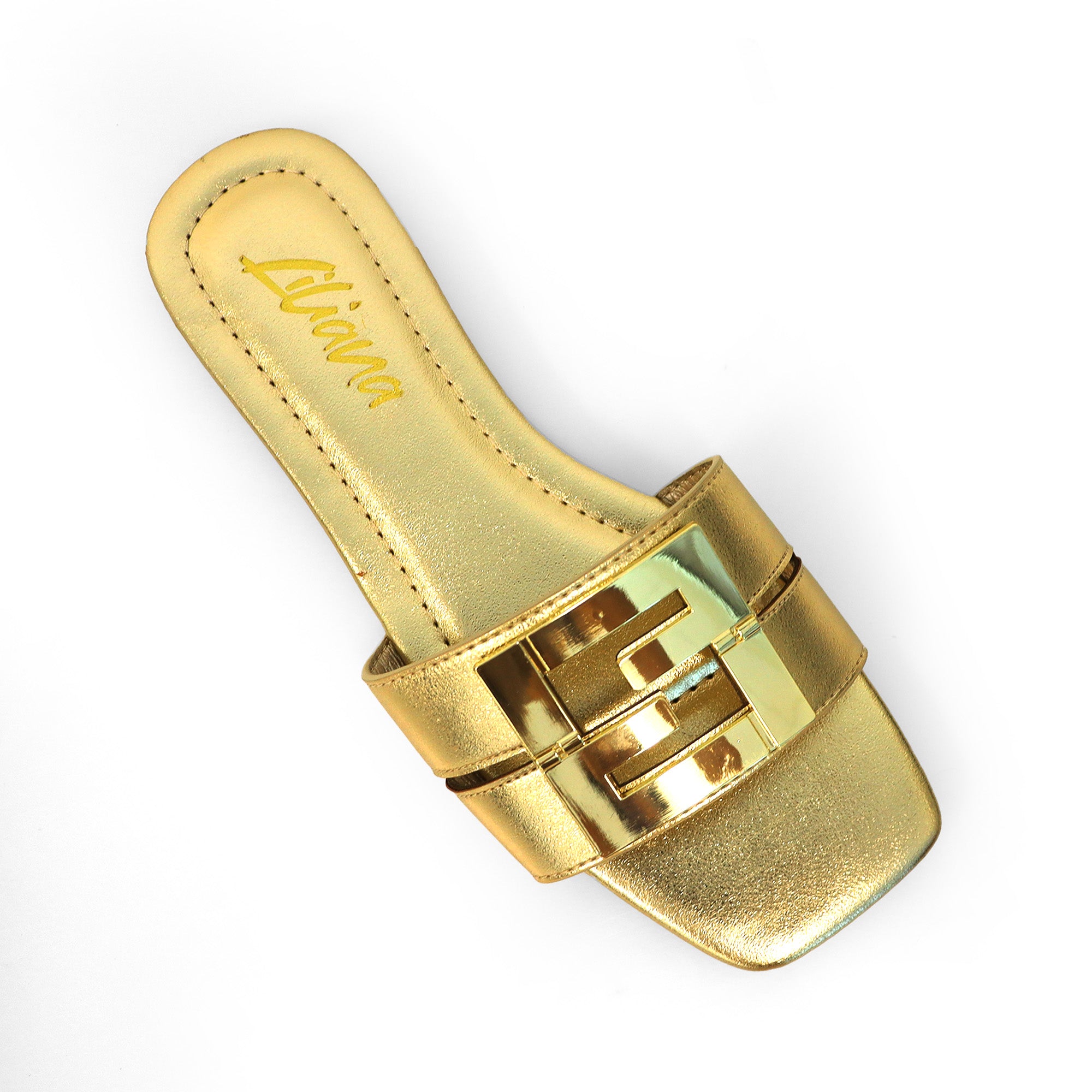 KYRA-3 BUCKLED SLIDE ON SANDALS GOLD
