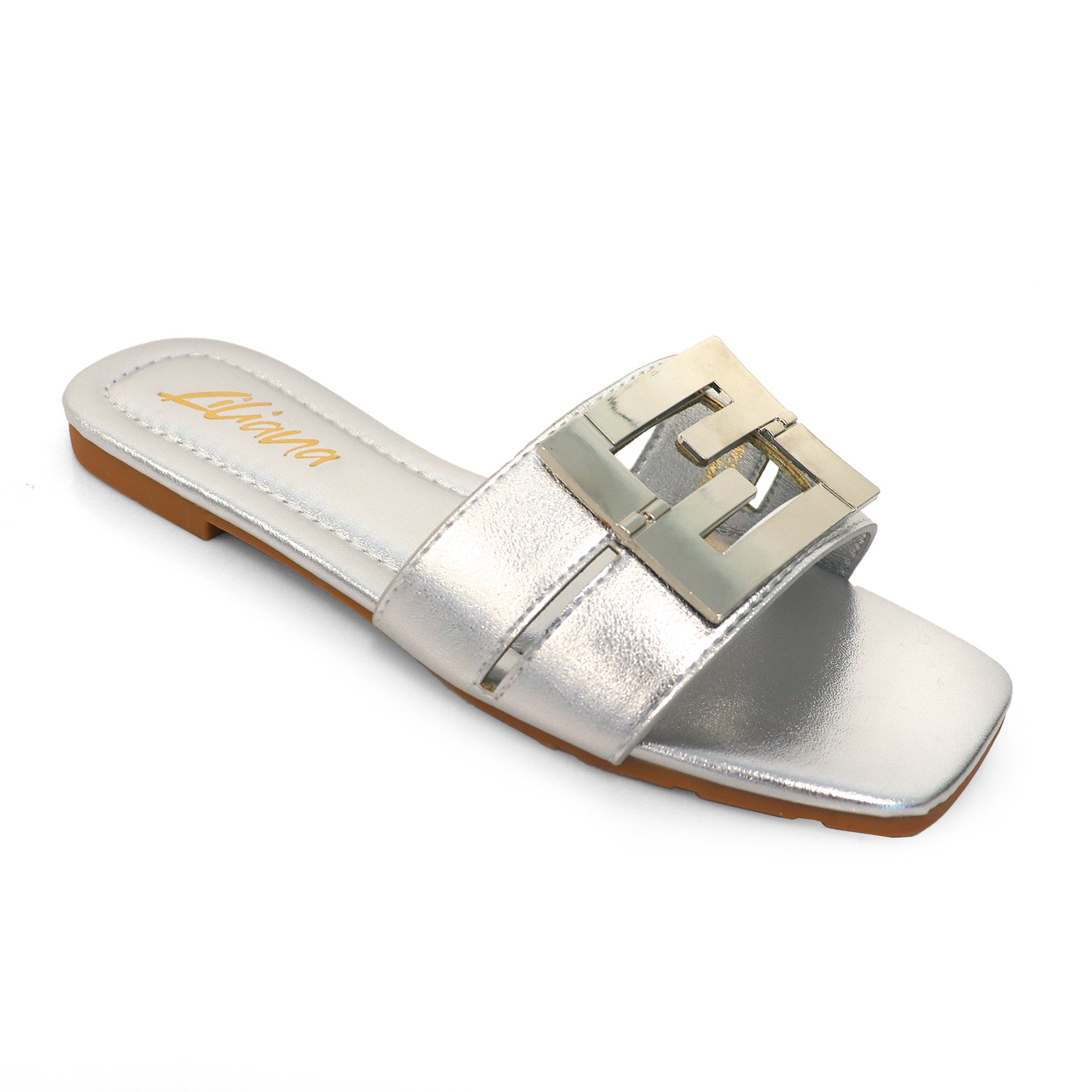 KYRA-3 BUCKLED SLIDE ON SANDALS SILVER