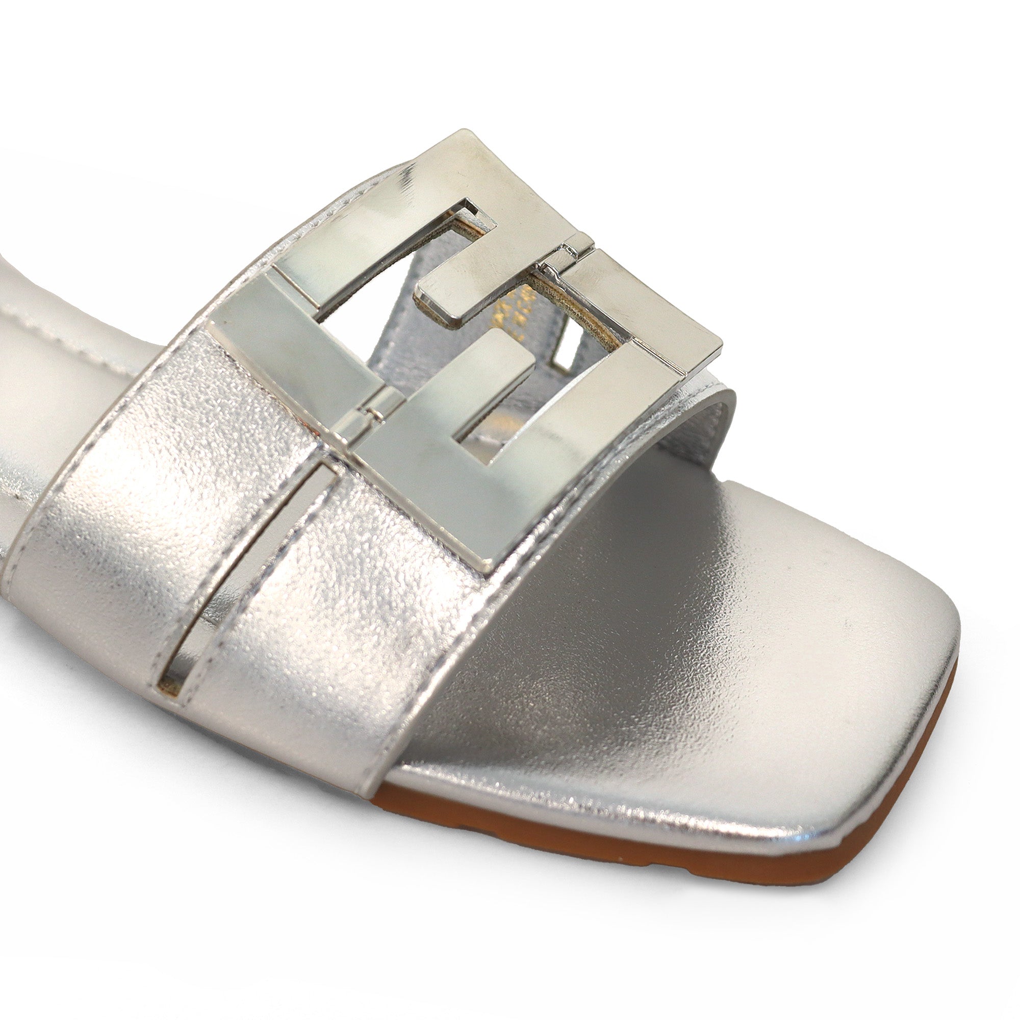 KYRA-3 BUCKLED SLIDE ON SANDALS SILVER