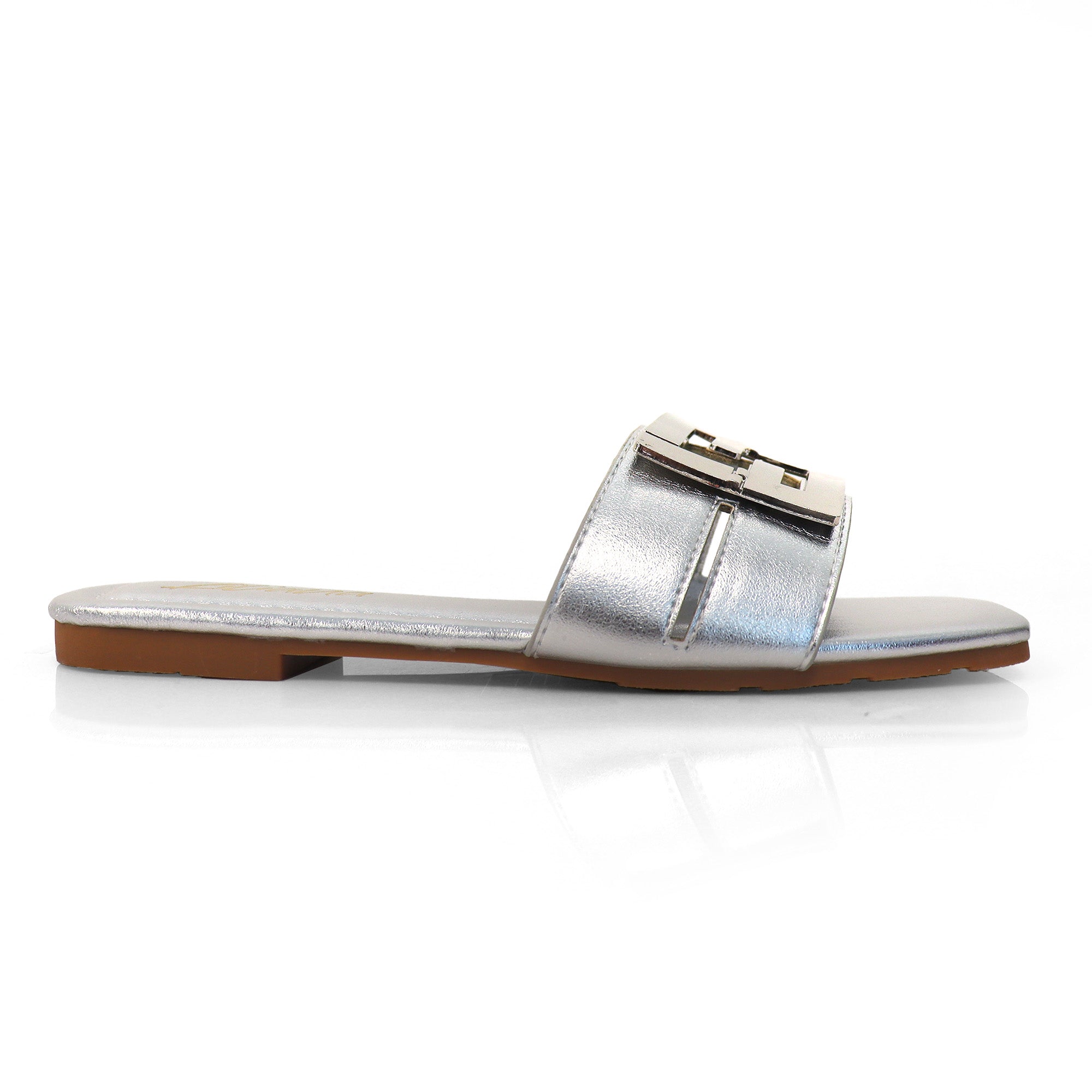KYRA-3 BUCKLED SLIDE ON SANDALS SILVER