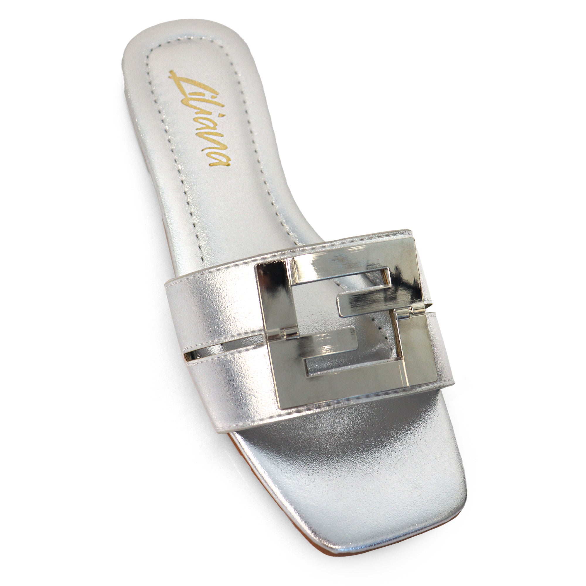 KYRA-3 BUCKLED SLIDE ON SANDALS SILVER