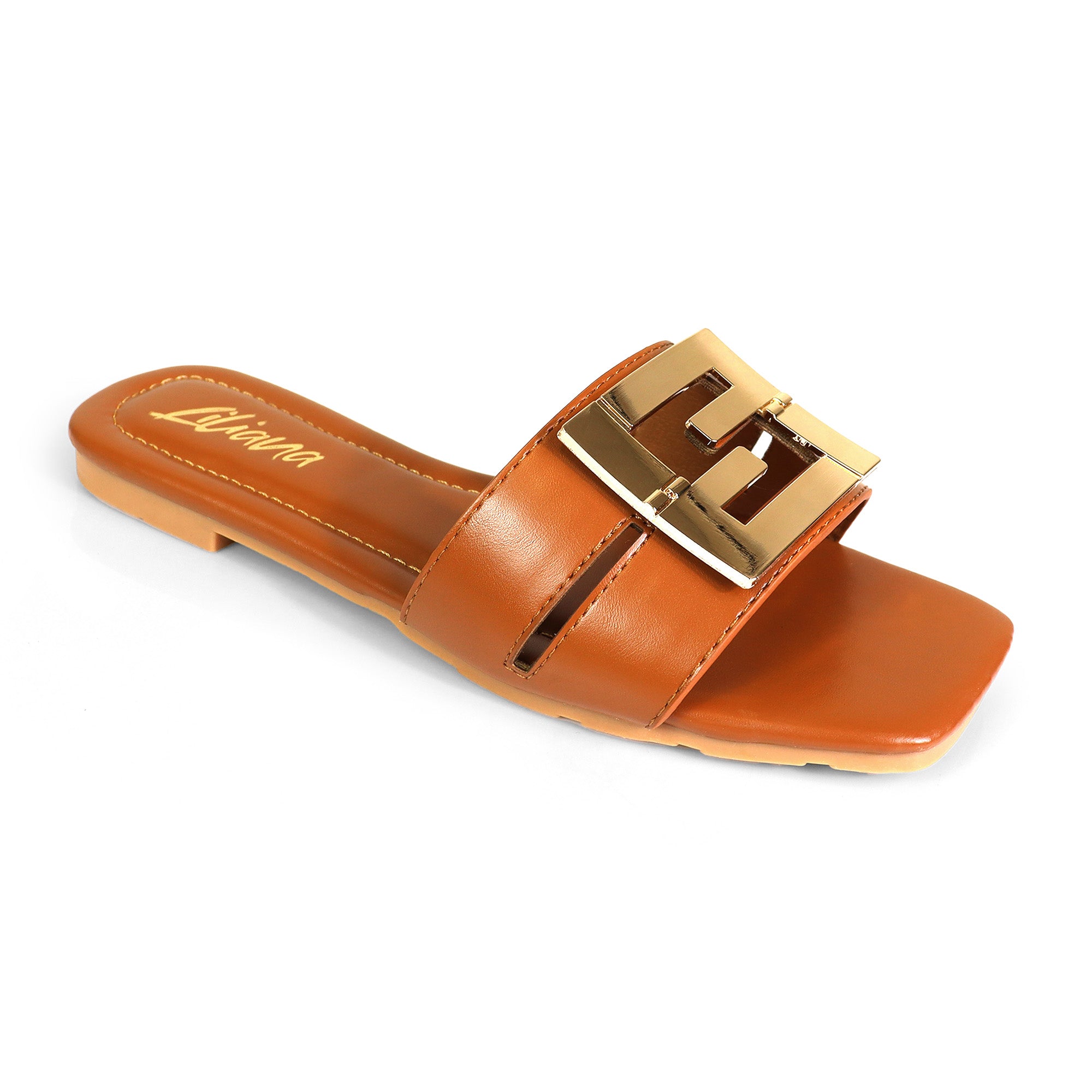 KYRA-3 BUCKLED SLIDE ON SANDALS TAN