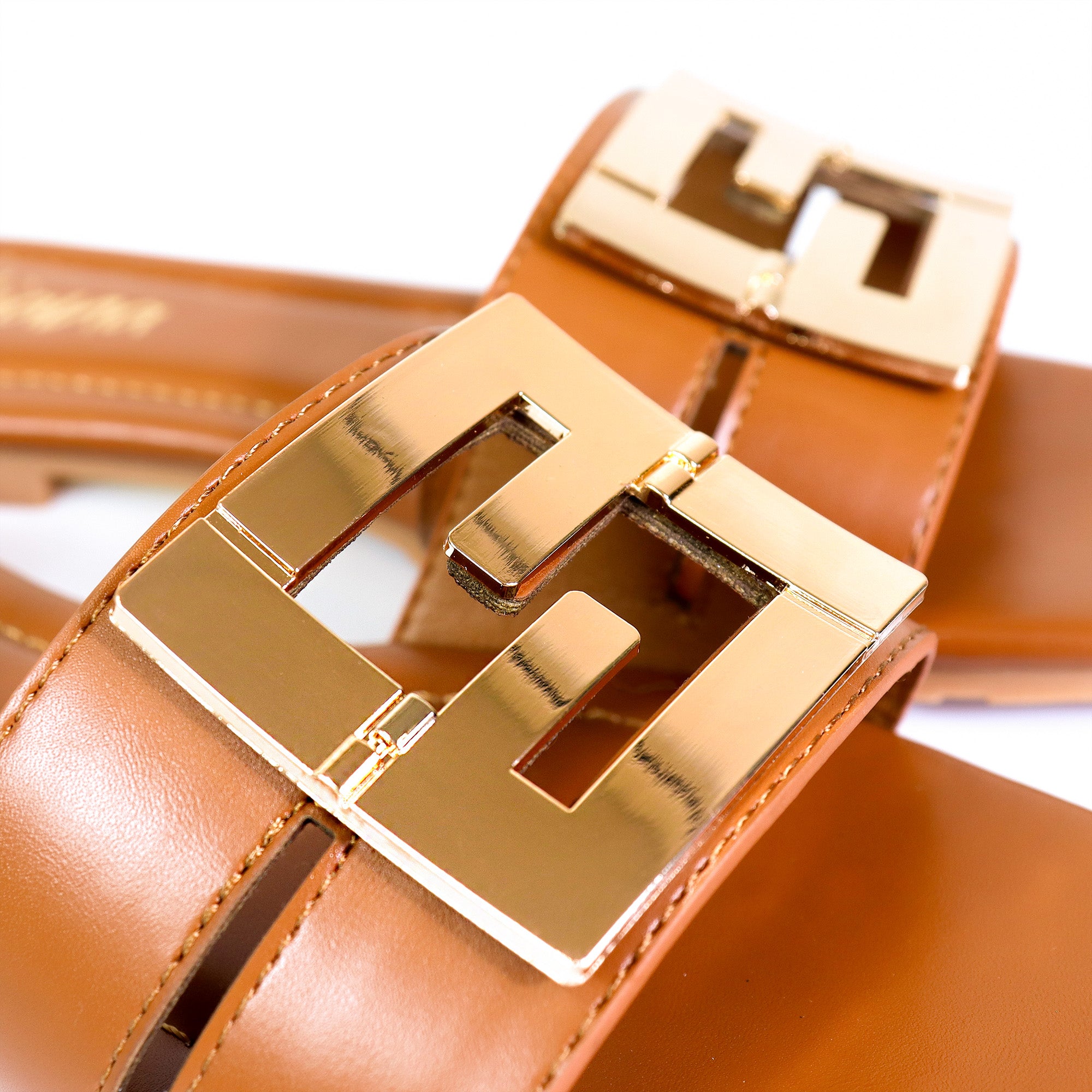 KYRA-3 BUCKLED SLIDE ON SANDALS TAN