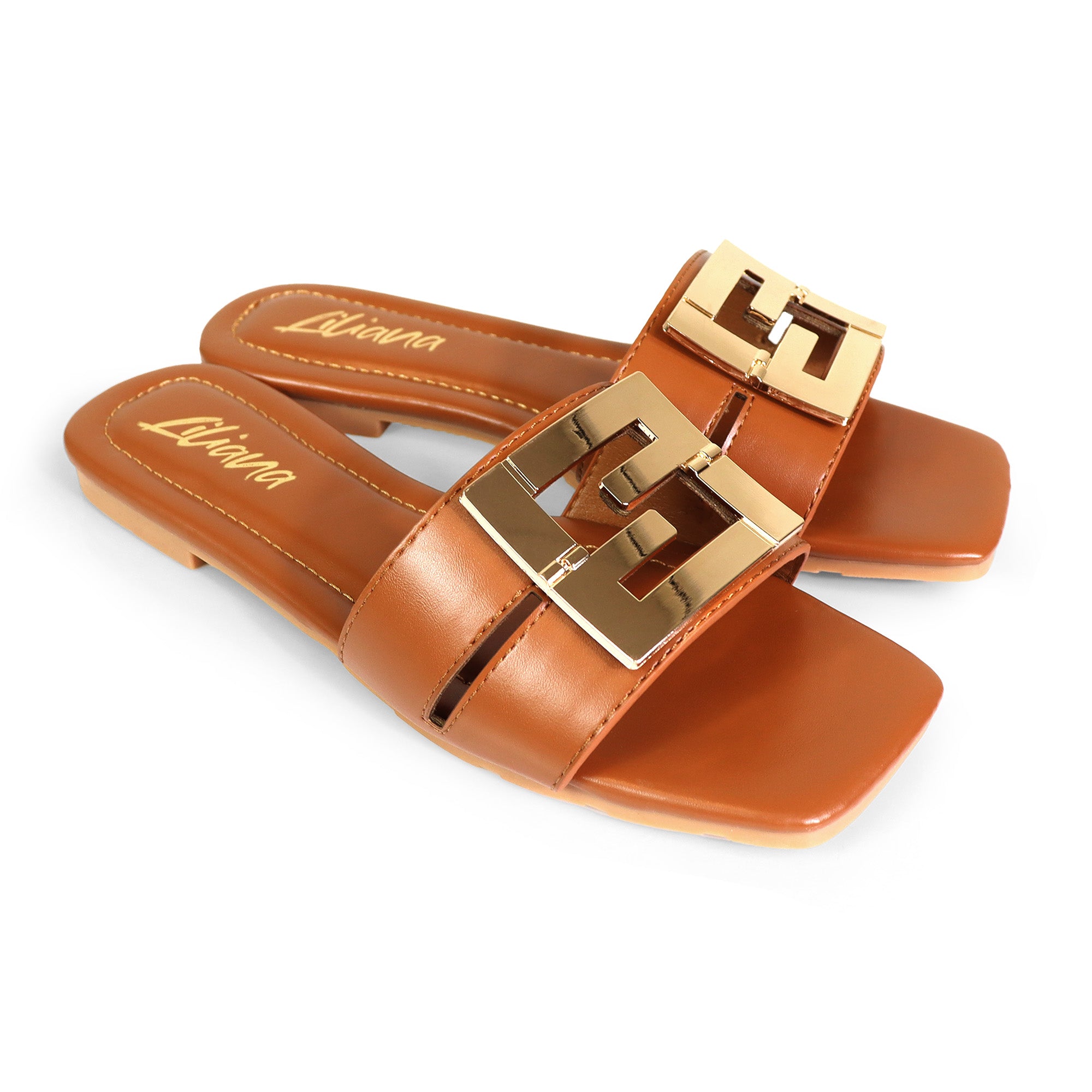 KYRA-3 BUCKLED SLIDE ON SANDALS TAN