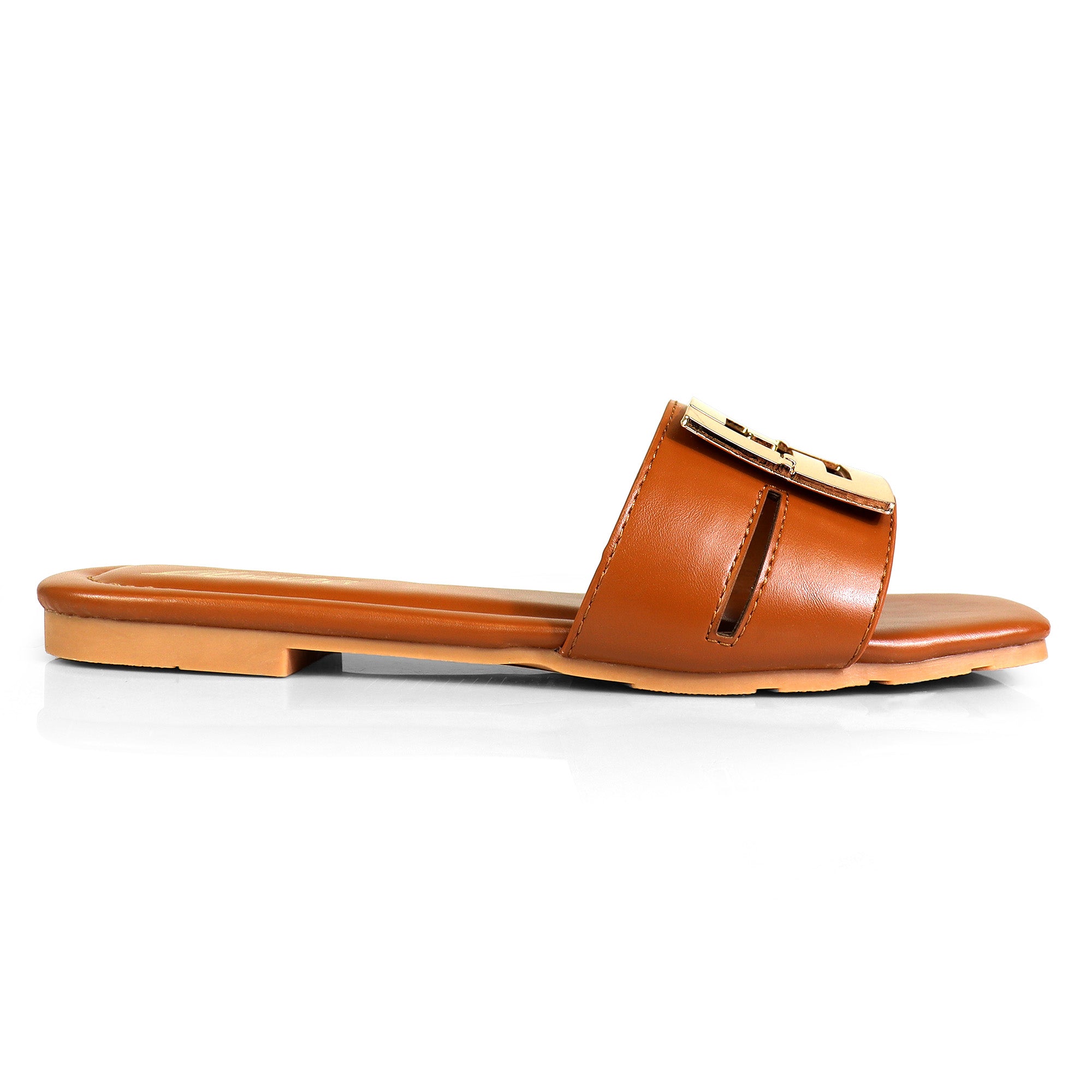 KYRA-3 BUCKLED SLIDE ON SANDALS TAN