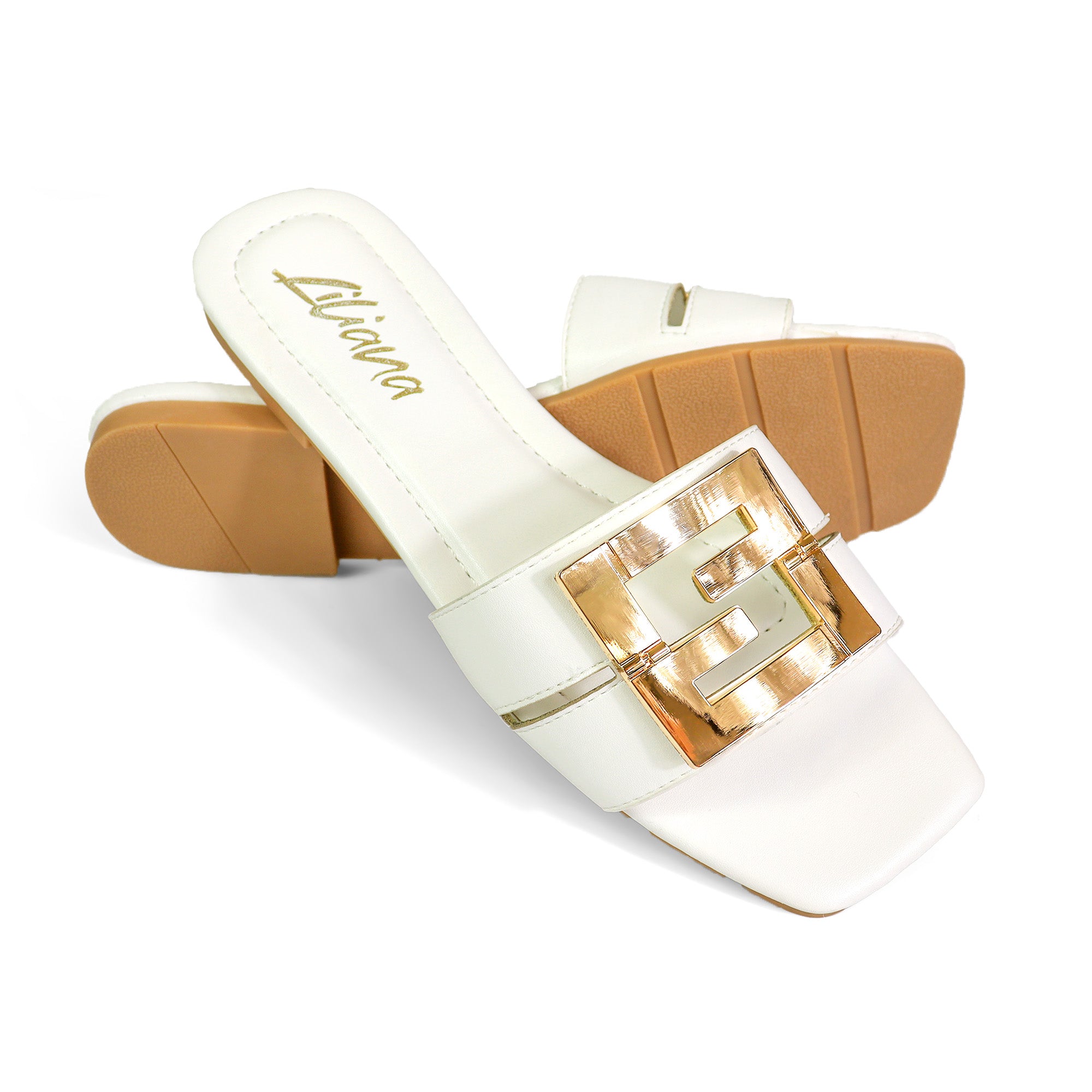 KYRA-3 BUCKLED SLIDE ON SANDALS WHITE
