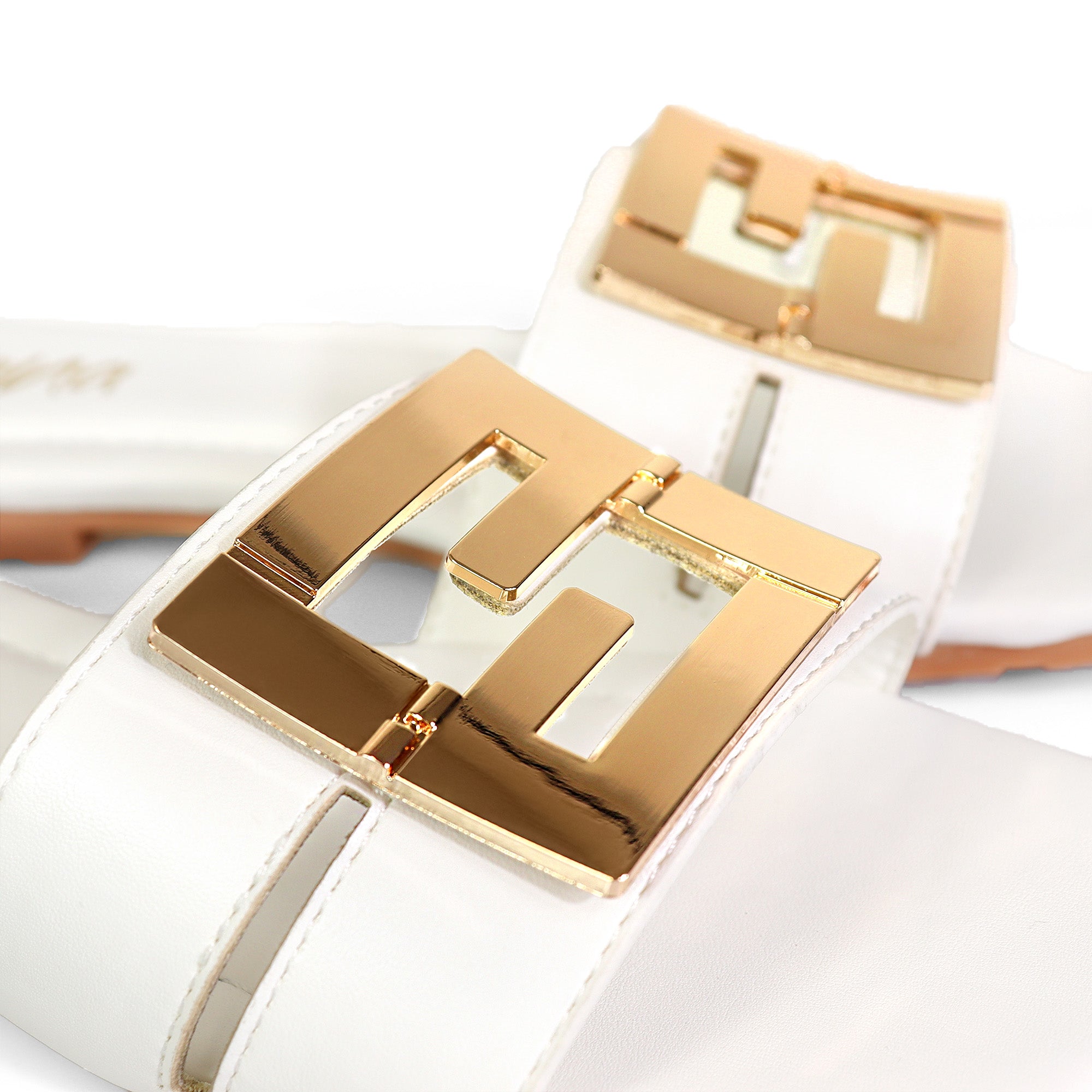 KYRA-3 BUCKLED SLIDE ON SANDALS WHITE