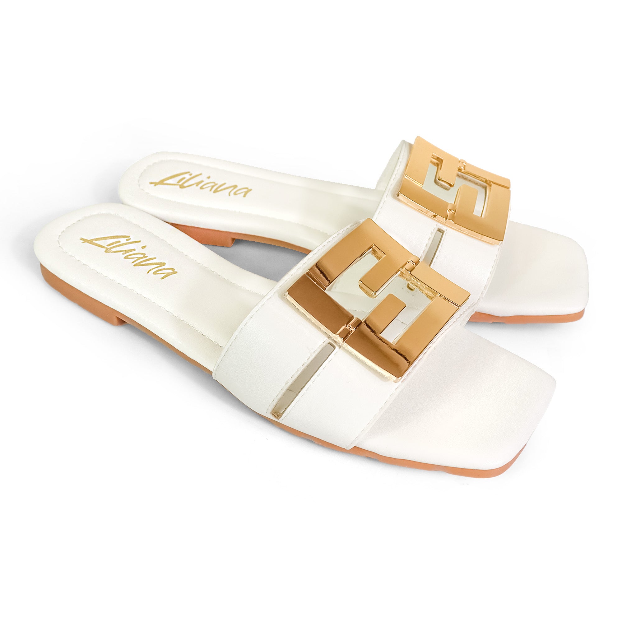 KYRA-3 BUCKLED SLIDE ON SANDALS WHITE