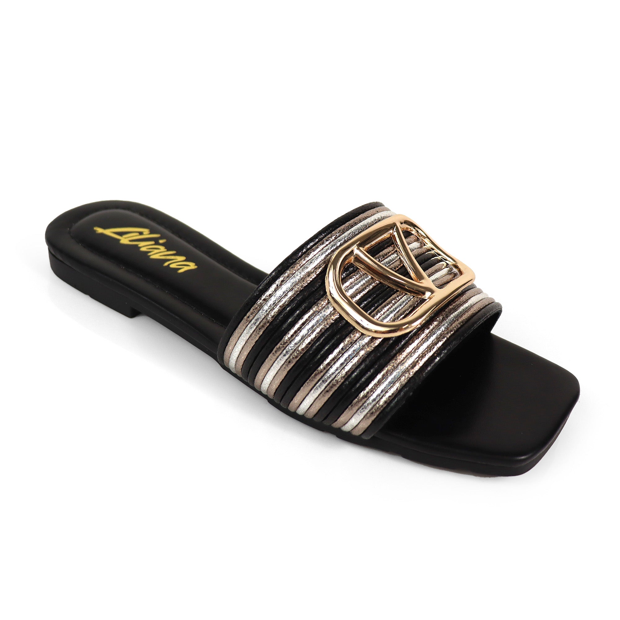 KYRA-4 EMBELLISHED TWO TONE BUCKLED SLIDE ON SANDALS BLACK