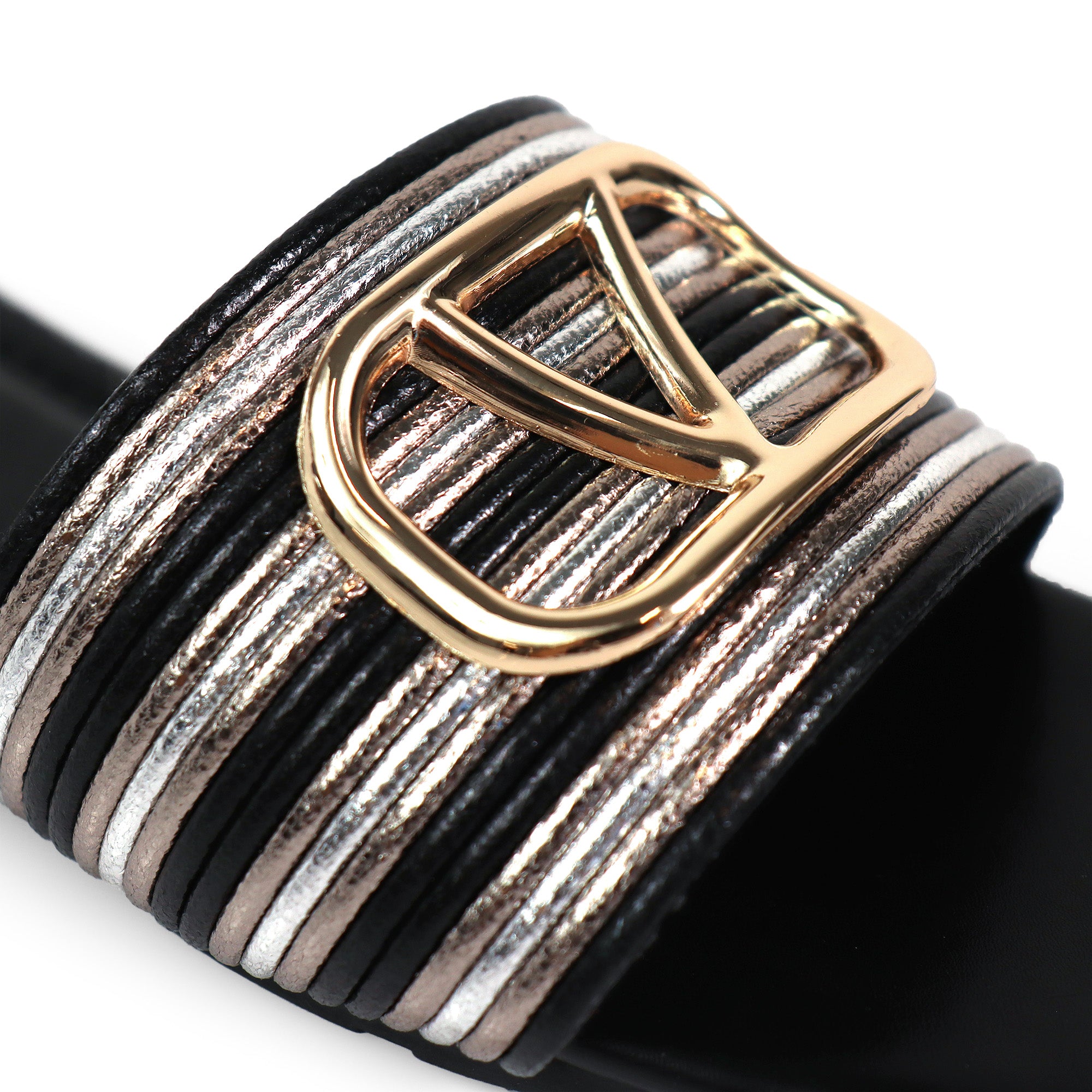 KYRA-4 EMBELLISHED TWO TONE BUCKLED SLIDE ON SANDALS BLACK