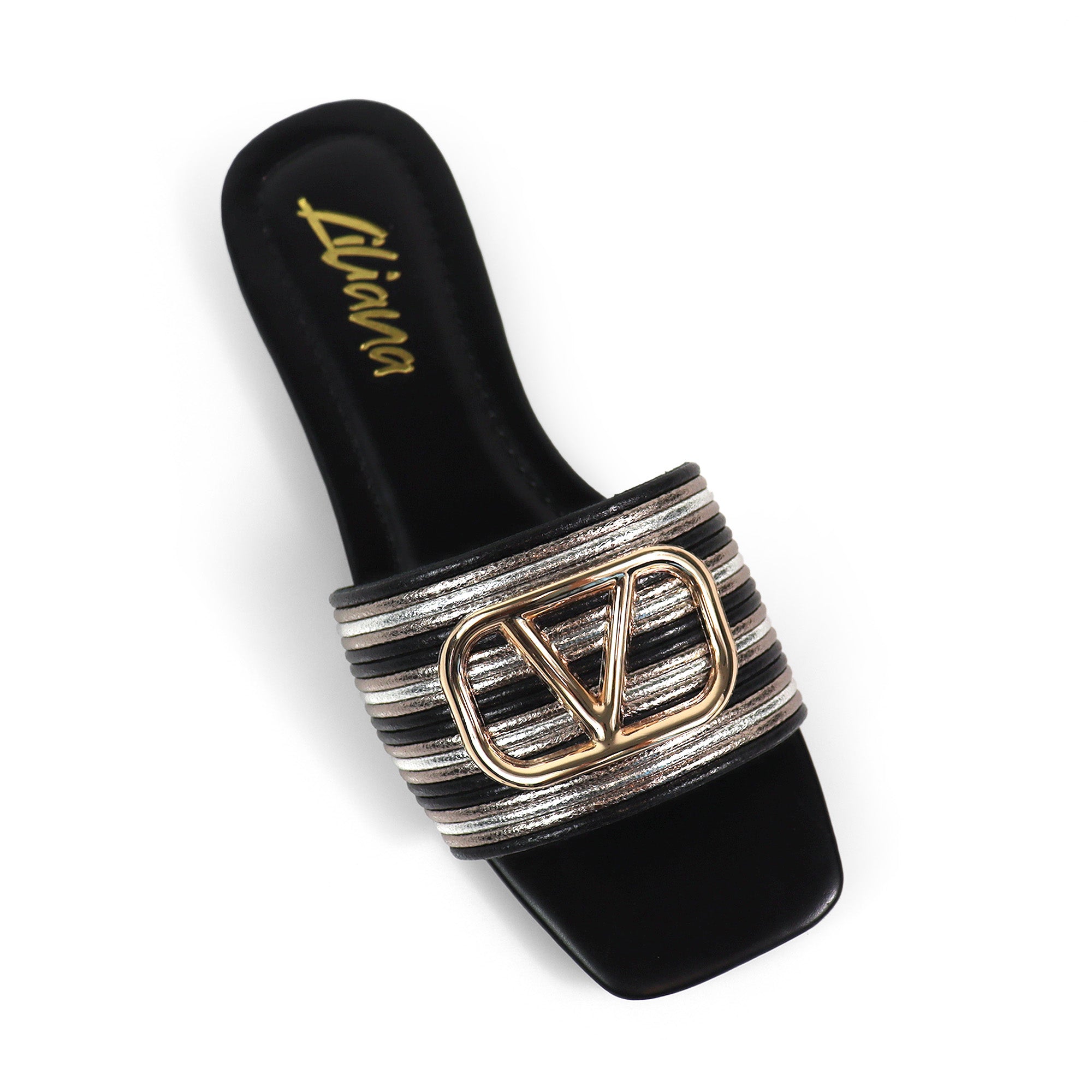 KYRA-4 EMBELLISHED TWO TONE BUCKLED SLIDE ON SANDALS BLACK