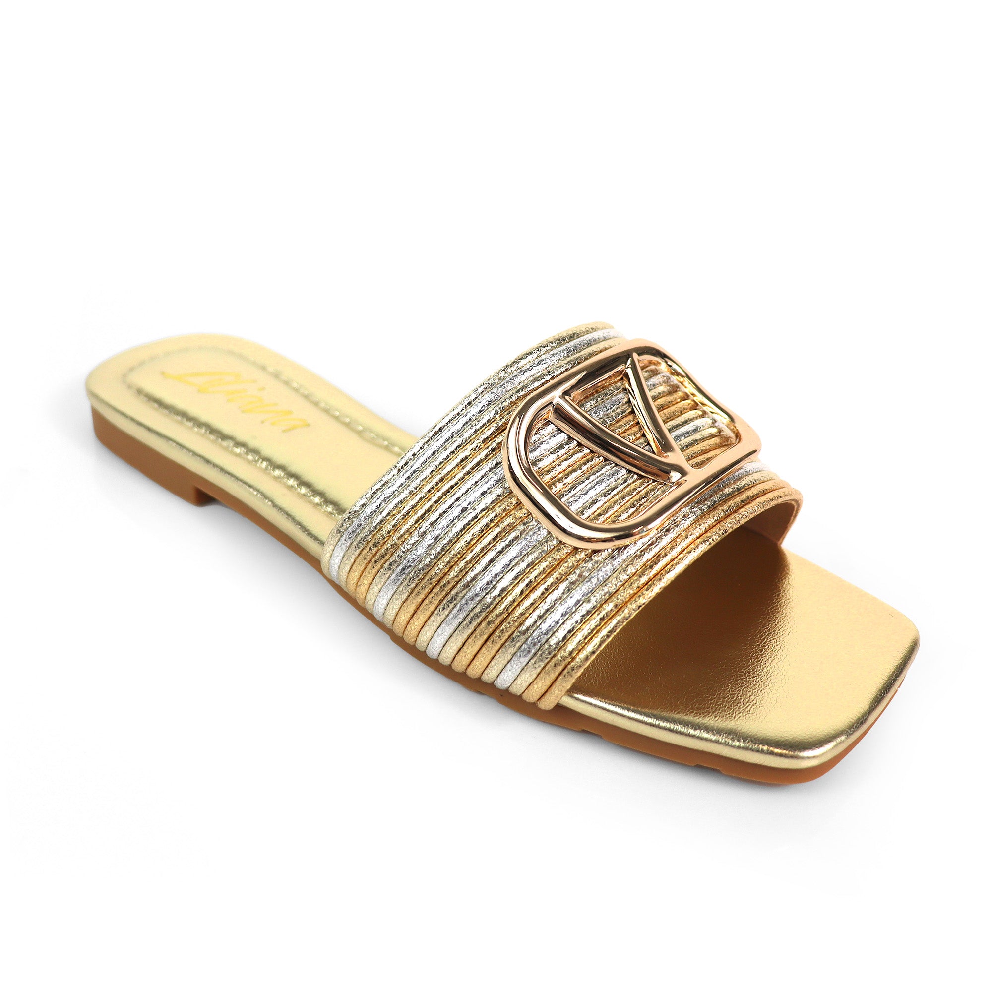 KYRA-4 EMBELLISHED TWO TONE BUCKLED SLIDE ON SANDALS GOLD