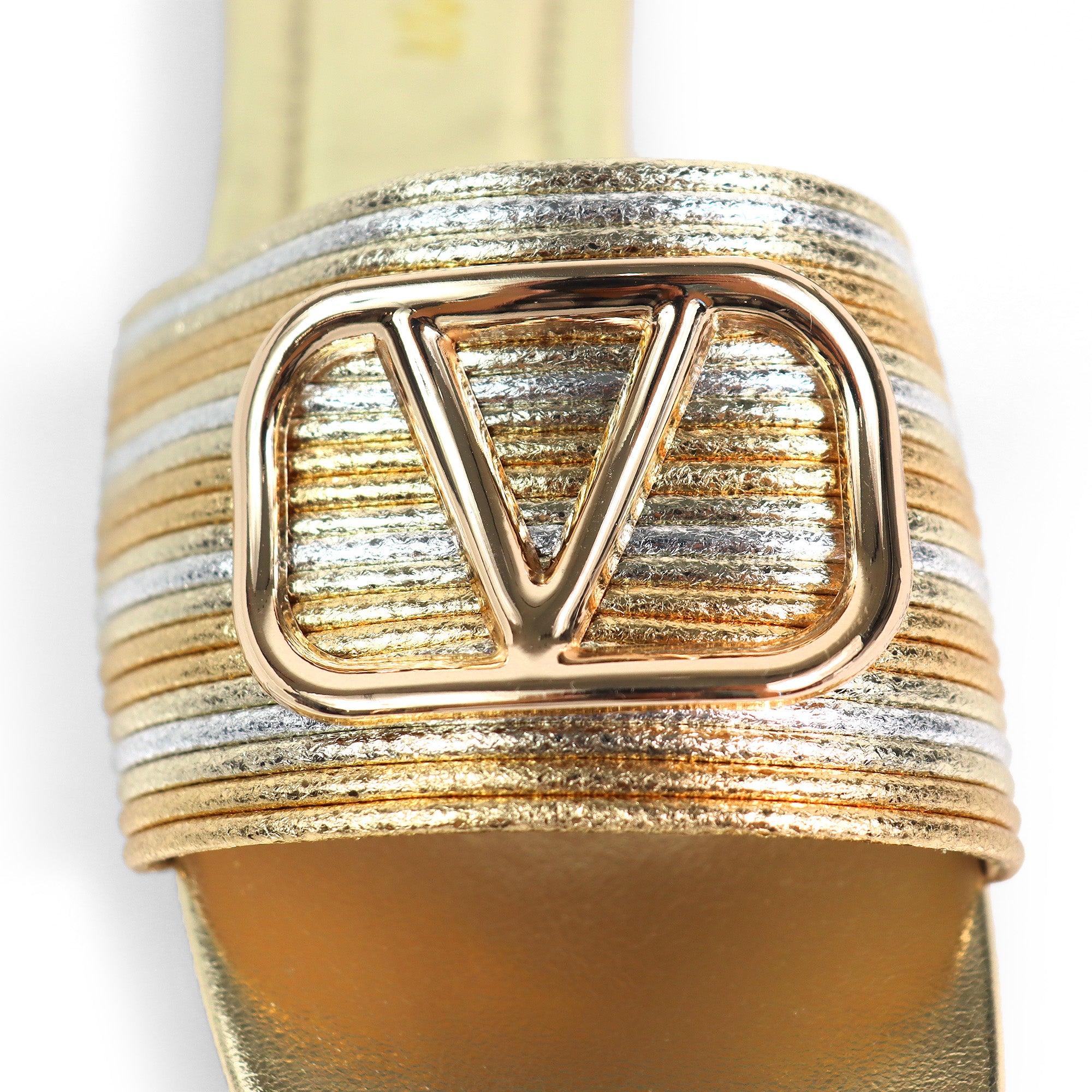 KYRA-4 EMBELLISHED TWO TONE BUCKLED SLIDE ON SANDALS GOLD