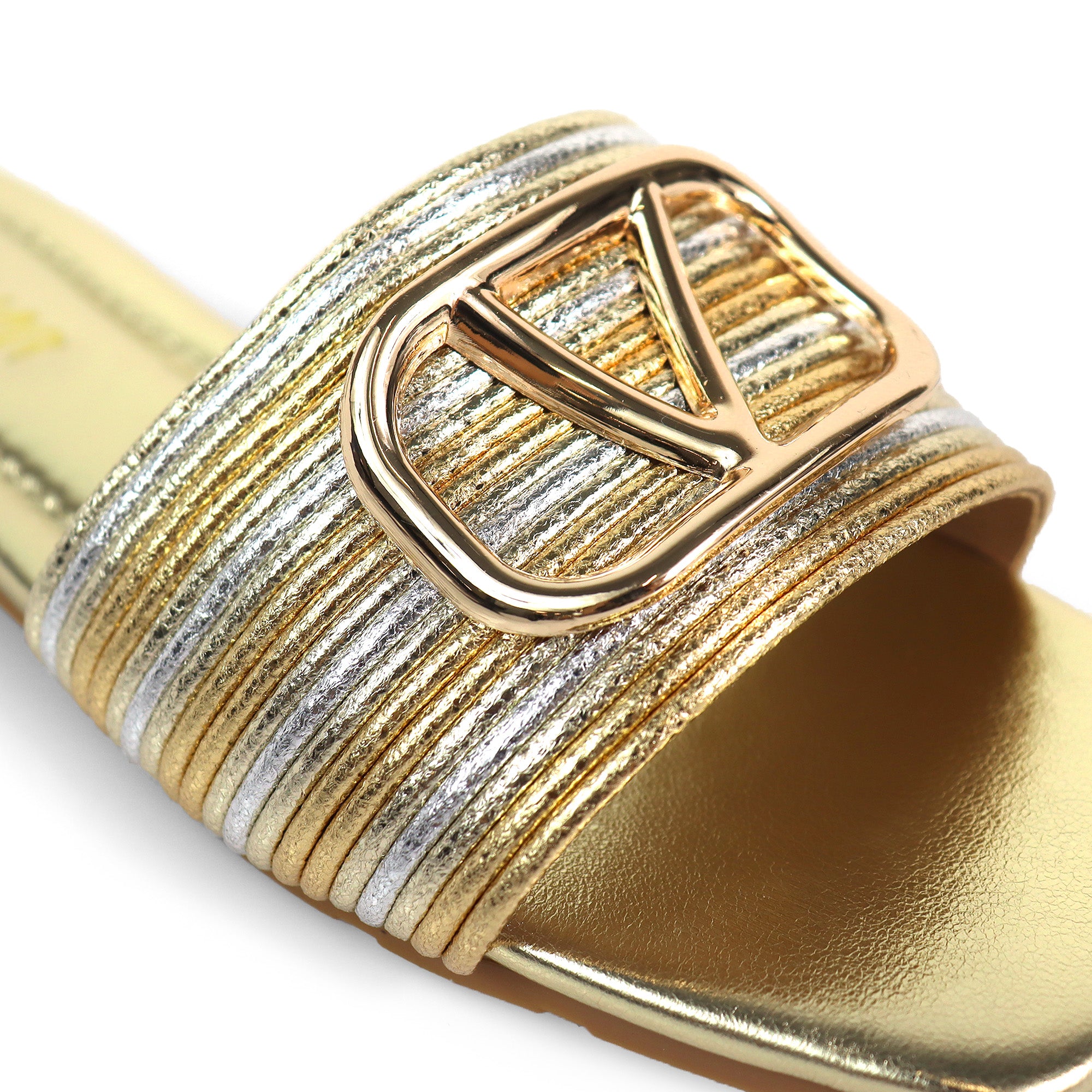 KYRA-4 EMBELLISHED TWO TONE BUCKLED SLIDE ON SANDALS GOLD