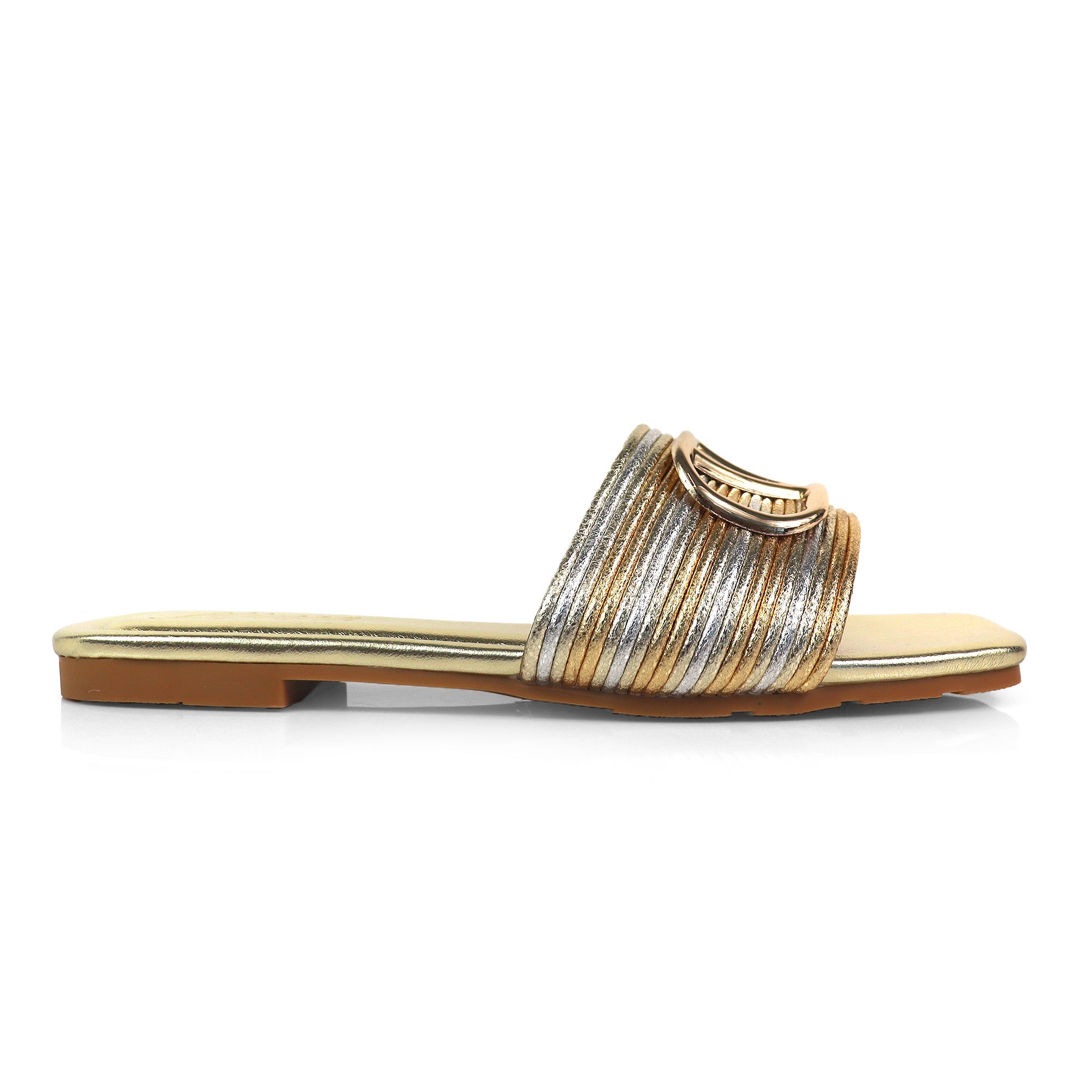 KYRA-4 EMBELLISHED TWO TONE BUCKLED SLIDE ON SANDALS GOLD