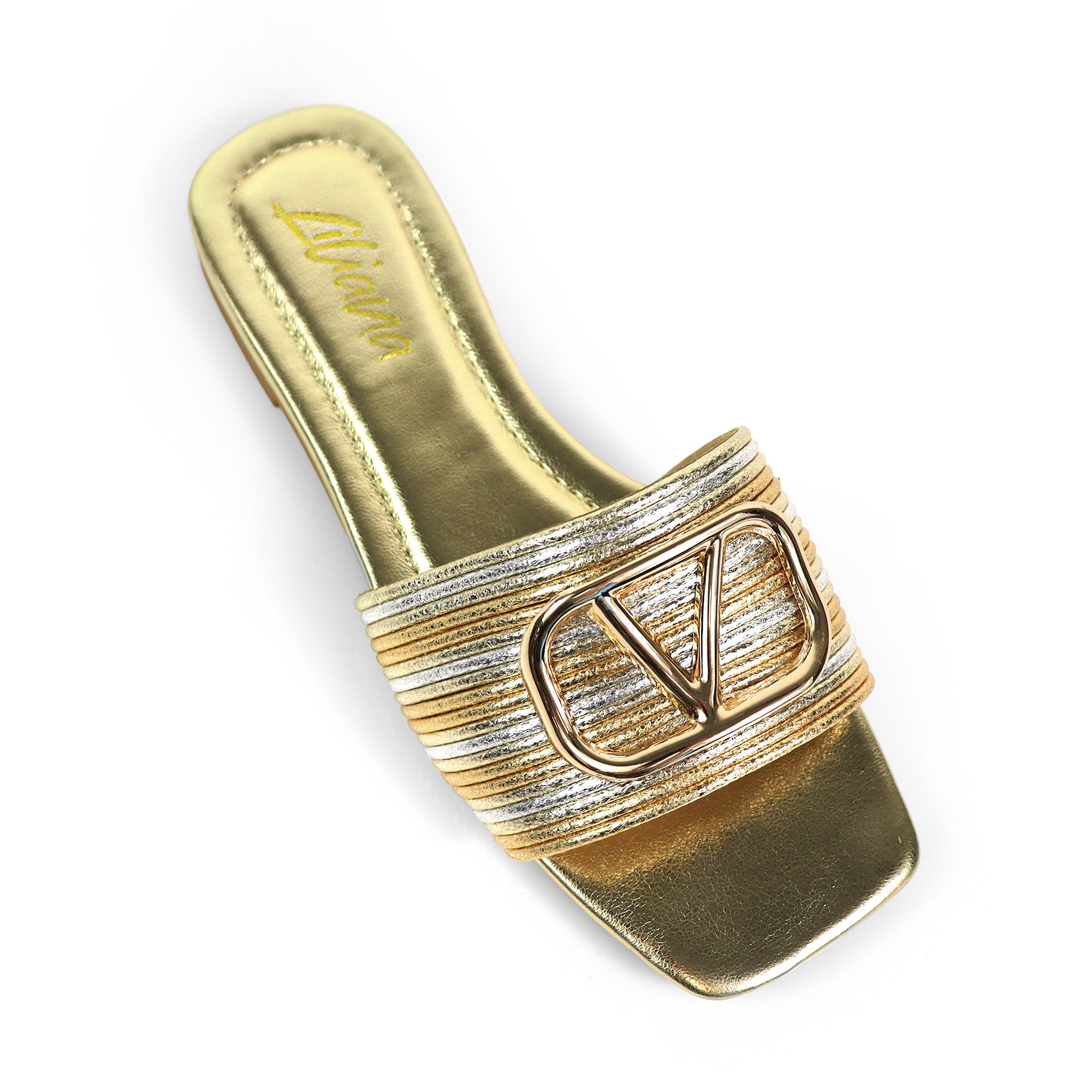 KYRA-4 EMBELLISHED TWO TONE BUCKLED SLIDE ON SANDALS GOLD