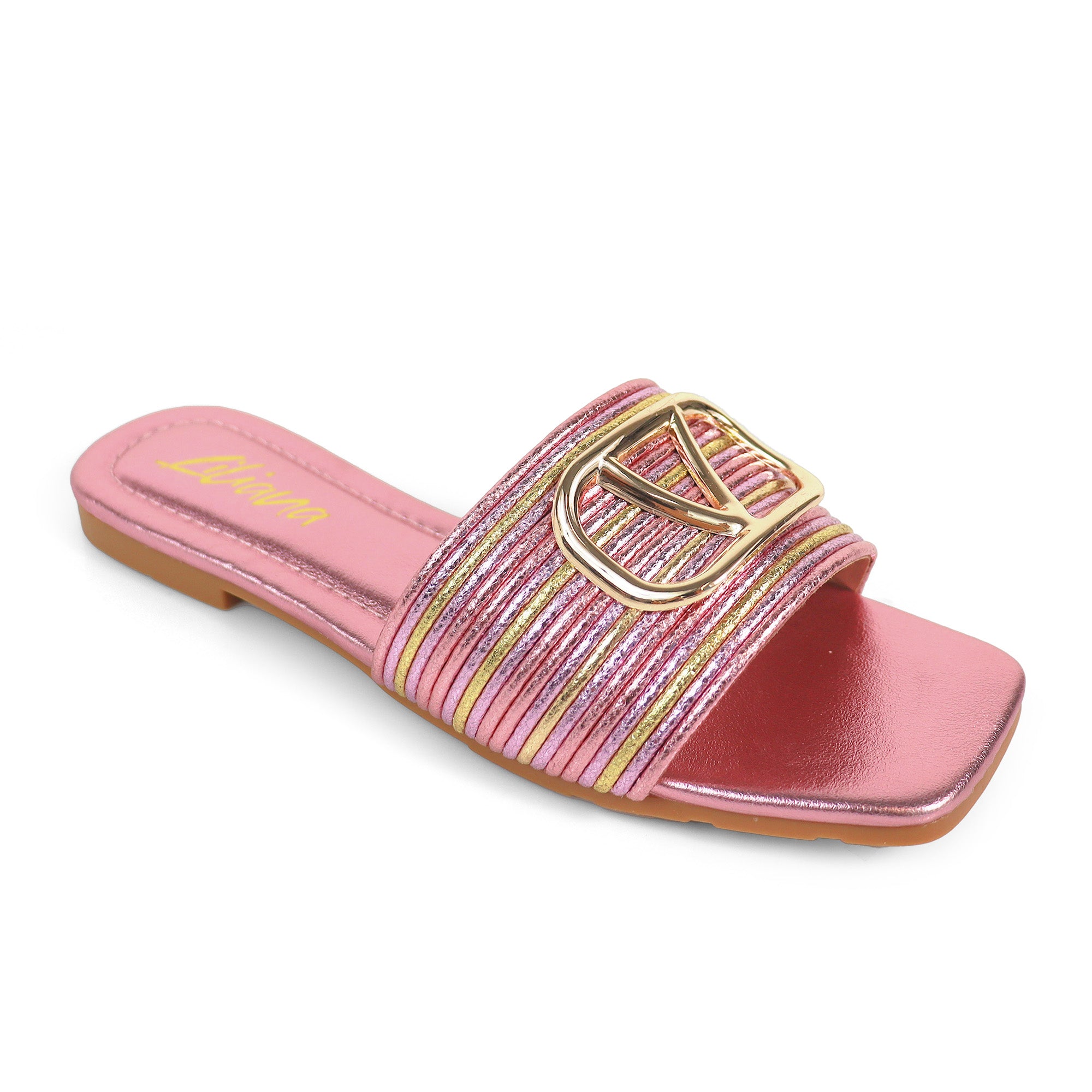 KYRA-4 EMBELLISHED TWO TONE BUCKLED SLIDE ON SANDALS PINK
