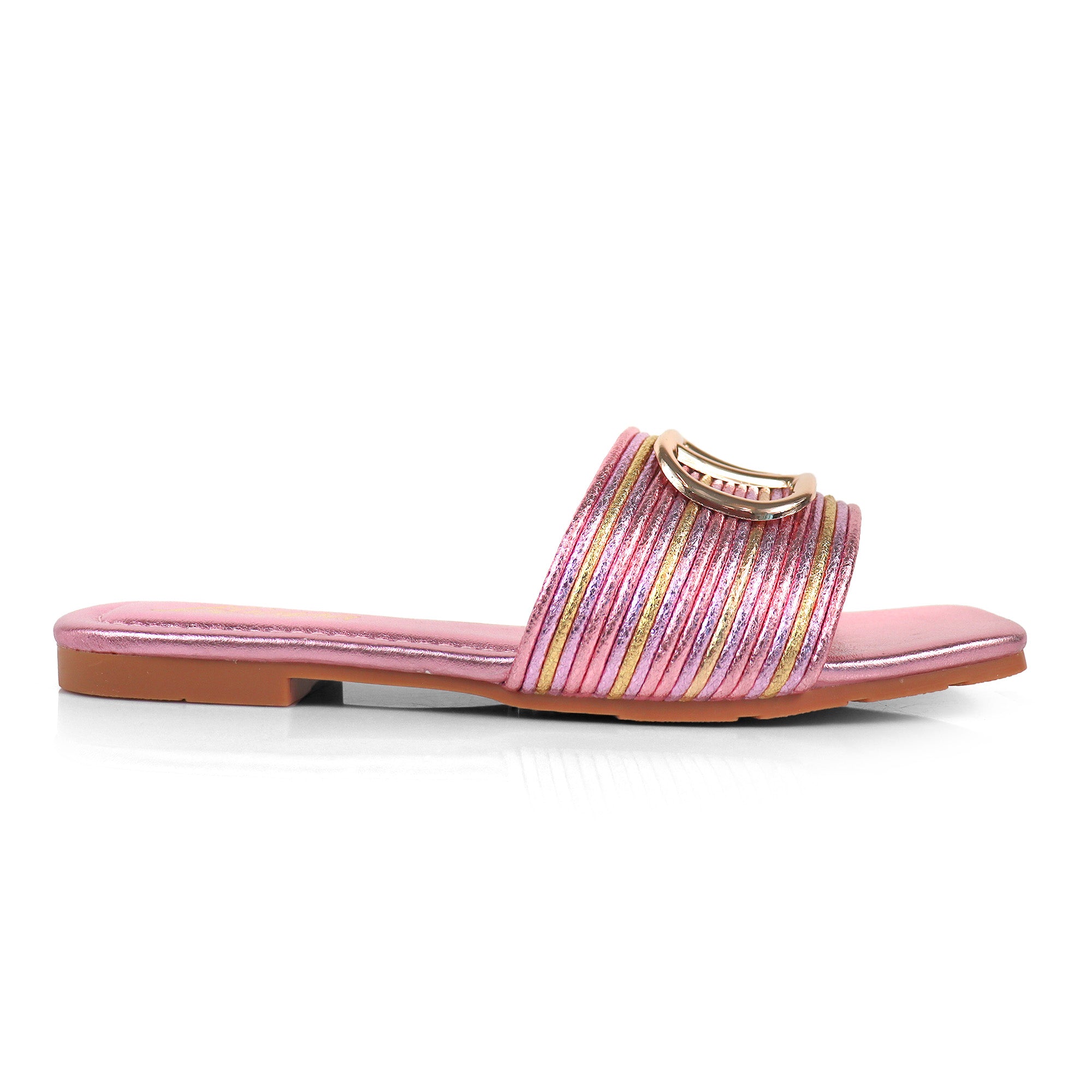 KYRA-4 EMBELLISHED TWO TONE BUCKLED SLIDE ON SANDALS PINK