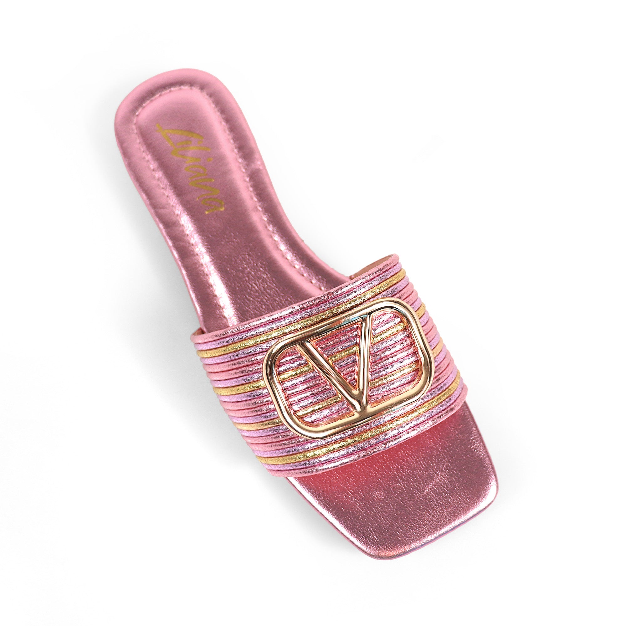 KYRA-4 EMBELLISHED TWO TONE BUCKLED SLIDE ON SANDALS PINK
